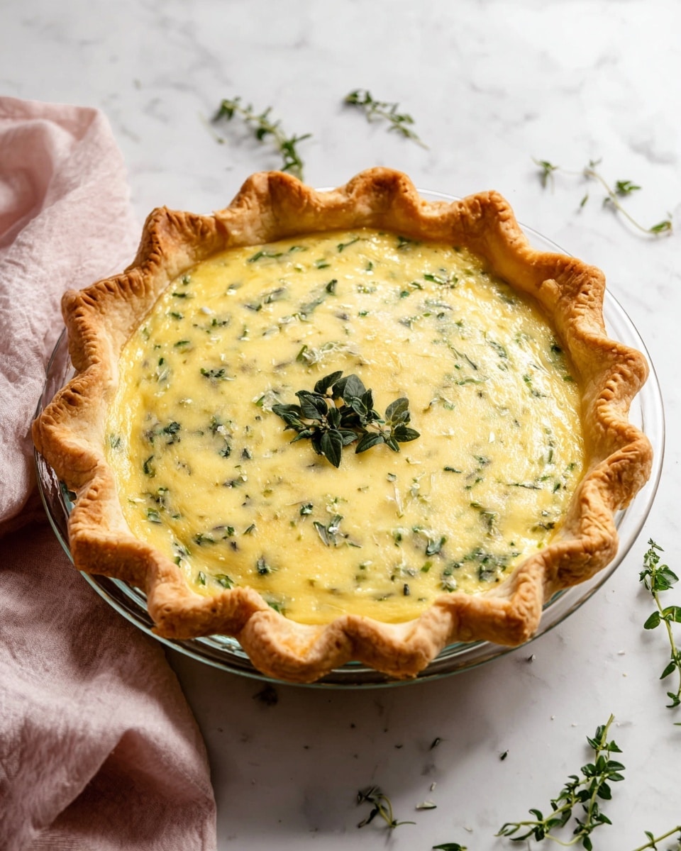 A golden brown pie crust forms the outer layer with its crimped edges rising above the filling. The filling inside is creamy light yellow with specks of green herbs evenly spread throughout. The surface of the filling looks slightly glossy and smooth with small textured areas. A small sprig of dark green herbs sits on top in the center as decoration. The pie dish is clear and round, placed on a white marbled surface with some green herb sprigs and a soft light pink cloth nearby. Photo taken with an iphone --ar 4:5 --v 7