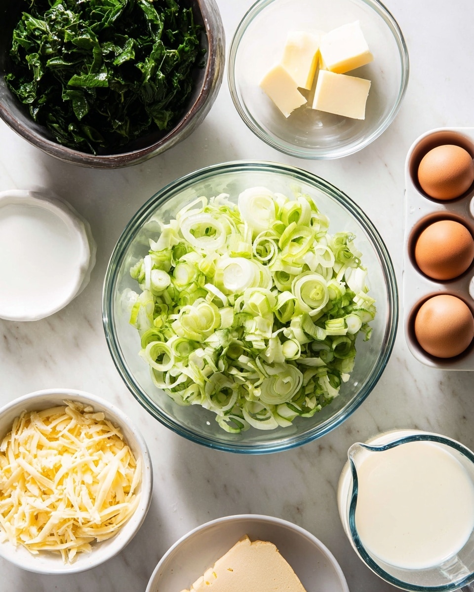 A top view shows a clean white marbled surface with several bowls and containers holding fresh ingredients. In the center is a clear glass bowl filled with light green chopped leeks, layered with thin rings and slices. To the left, there is a dark bowl filled with chopped dark green spinach leaves. Above the leeks, a small clear glass bowl holds two pieces of pale butter. On the right, a white egg tray contains three brown eggs. Near the bottom left, a small white bowl holds shredded pale yellow cheese. On the bottom right edge, there is a clear measuring cup filled with light cream or milk. The image is bright and simple with a fresh look, photo taken with an iphone --ar 4:5 --v 7