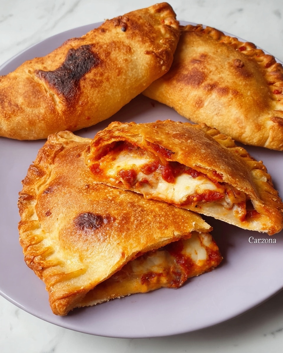 Three golden brown pizza calzones with a slightly crispy and puffy crust sit on a white plate. The folded dough shows some darker baked spots, and the edges are crimped to seal the filling inside. One calzone is cut in half to reveal layers inside: a red tomato sauce with visible chunks, melted cheese with a creamy white color, and some browned bits that suggest cooked fillings. The calzones are arranged close together on a smooth white marbled surface. photo taken with an iphone --ar 4:5 --v 7
