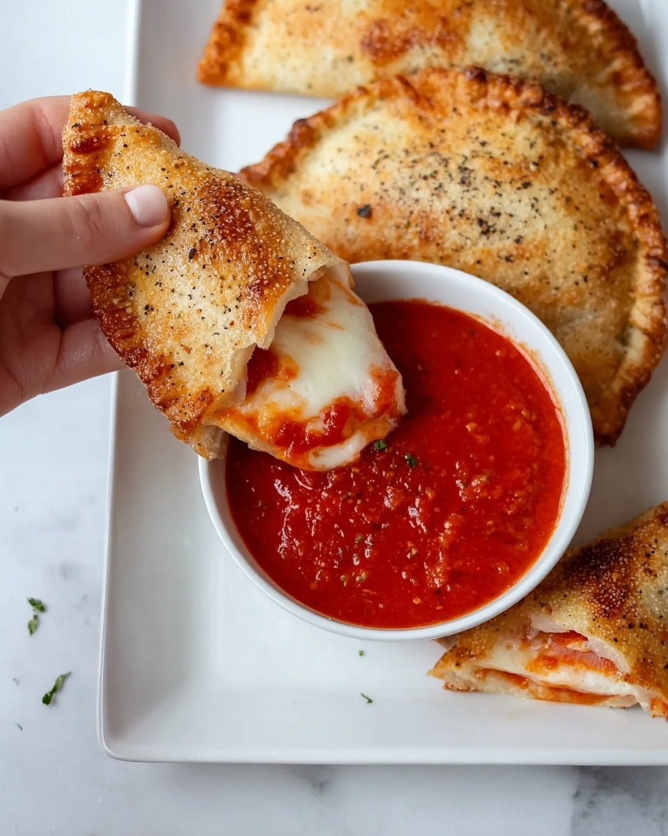 A woman's hand is holding a piece of golden brown calzone with a slightly crispy, textured crust dotted with black pepper, dipping it into a small white bowl filled with thick, bright red marinara sauce with visible herbs. The calzone piece shows a soft, white interior with melted cheese and red tomato sauce inside. On the white rectangular plate below, there are three more calzones, one sliced in half to show the cheesy, saucy filling, and the whole scene is set on a white marbled surface. photo taken with an iphone --ar 4:5 --v 7