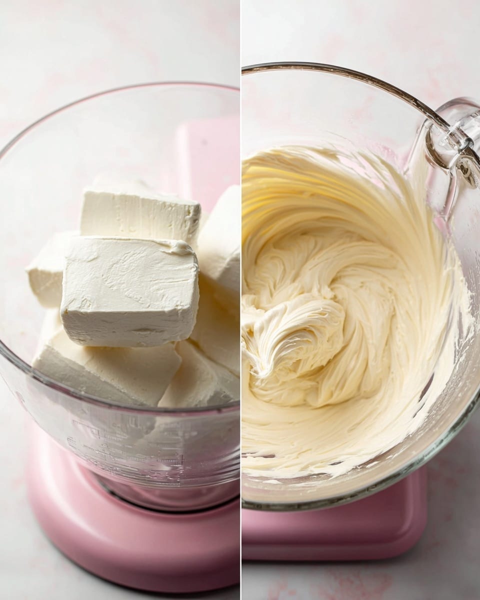 The image shows two side-by-side photos of an electric mixer bowl on a white marbled surface. On the left, the clear glass bowl contains four thick, soft white blocks stacked unevenly. On the right, the bowl is filled with smooth, creamy, off-white frosting with swirls showing it has just been mixed. The bowl is sitting on a pink stand mixer base. photo taken with an iphone --ar 4:5 --v 7