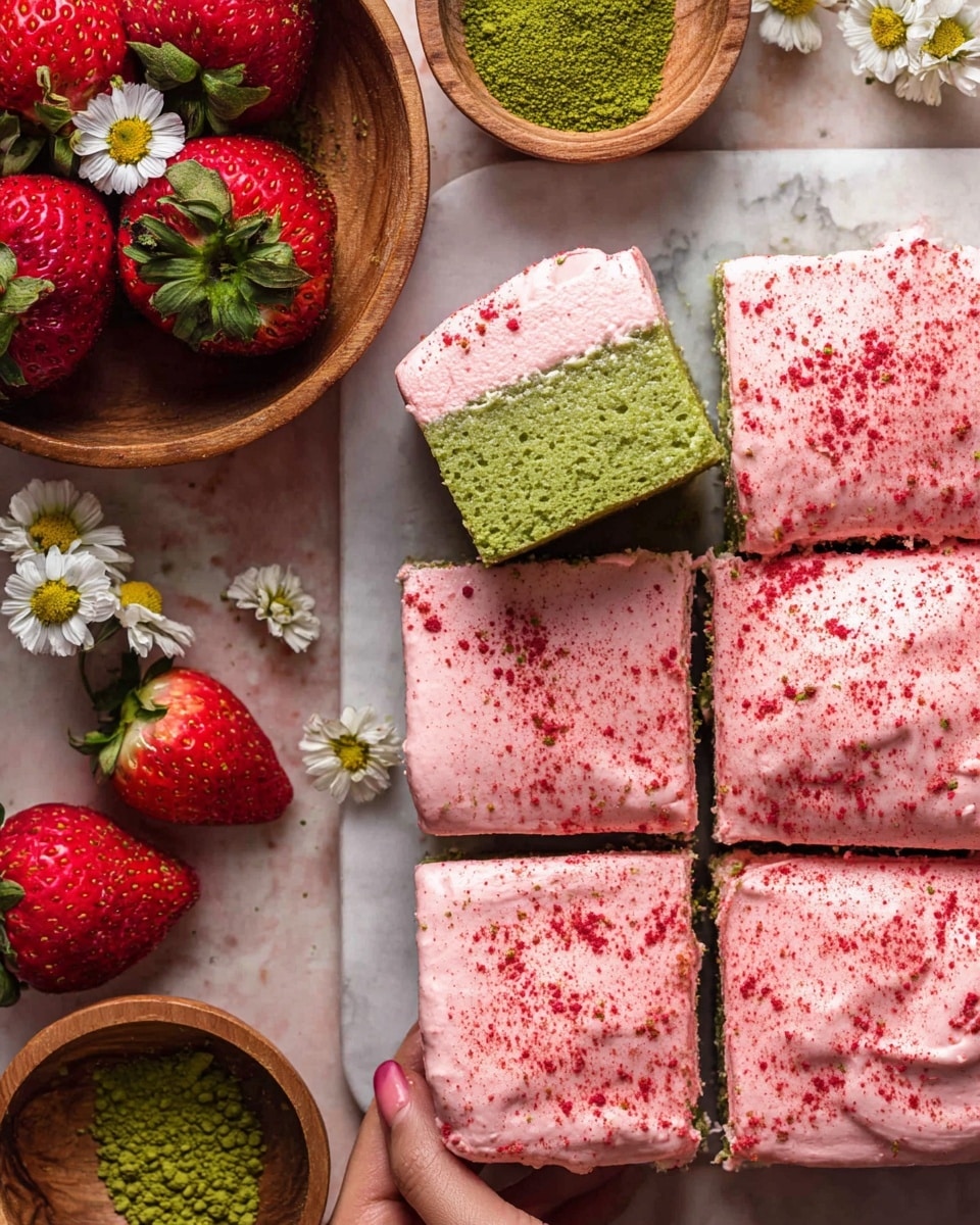 The image shows a green cake cut into square pieces with a thick pink frosting layer on top, sprinkled with red powder. One of the pieces is lifted, showing the soft green cake inside under the smooth pink frosting. The cake squares rest on a white marbled surface. Around the cake, there is a wooden bowl filled with fresh red strawberries and small white flowers with yellow centers. A small wooden bowl contains green powder, and there are strawberry halves scattered nearby. A woman's hand is holding one of the cake squares. photo taken with an iphone --ar 4:5 --v 7