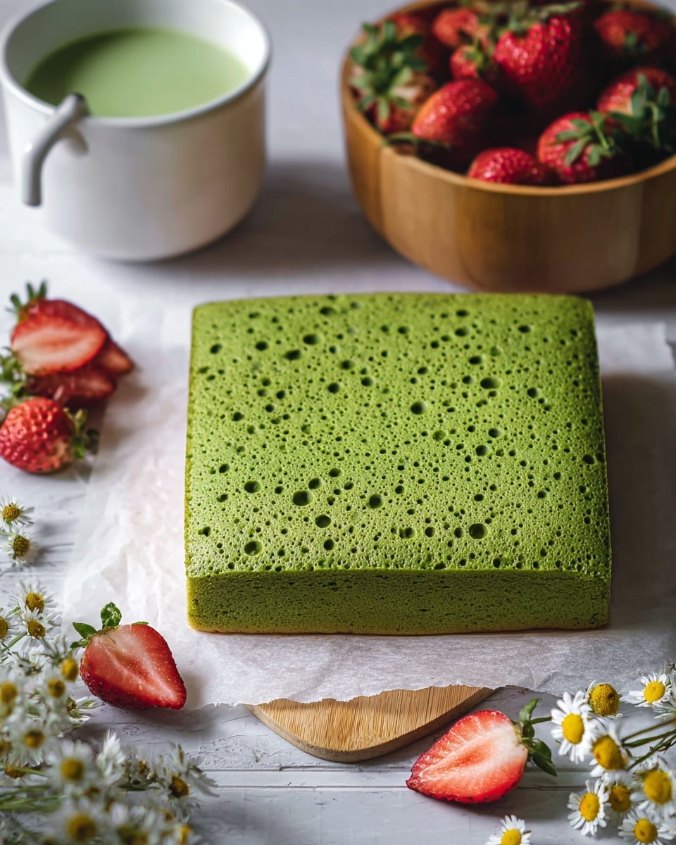 A single thick, square green sponge cake with many small holes on its surface rests on white parchment paper against a white marbled background. Next to the cake, there is a wooden bowl filled with whole strawberries and some strawberry halves scattered nearby. Part of a white cup with a light green liquid and delicate daisy flowers is seen at the corner, adding a fresh and natural touch. The whole scene is bright with soft natural light, showing a cozy and fresh vibe. photo taken with an iphone --ar 4:5 --v 7