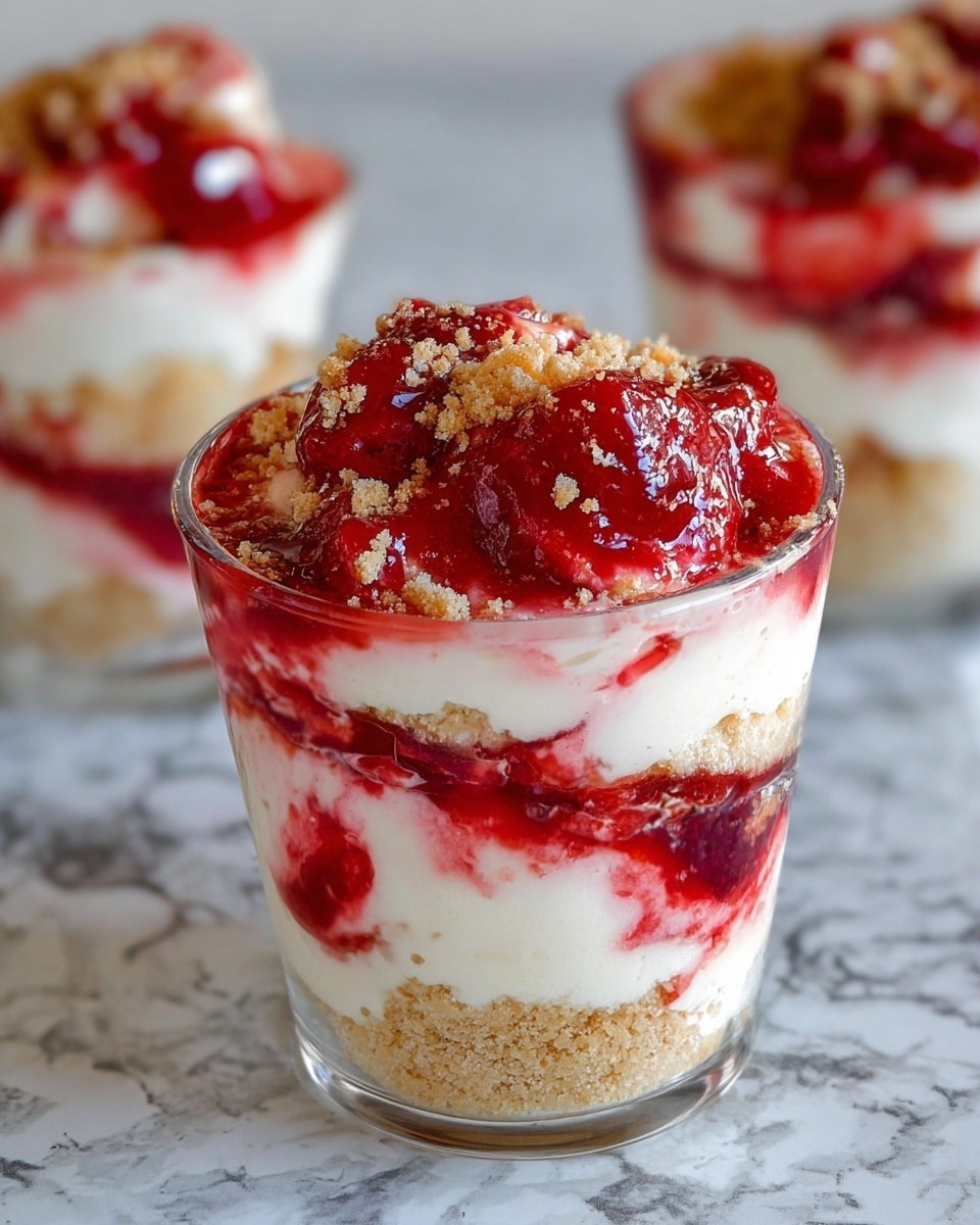 The image shows two clear cups of a layered dessert on a white marbled surface. Each cup has three main layers: a bottom layer of light beige crumbs, a thick middle layer of white creamy texture, and a top layer of bright red fruit sauce mixed with chunks of red fruit. The top layer is swirled with white cream and sprinkled with more crumbs. The cup in the front is in clear focus, showing the mixed colors and textures of bright red, white, and beige. The cup in the background is blurred but has the same layered look. Photo taken with an iphone --ar 4:5 --v 7