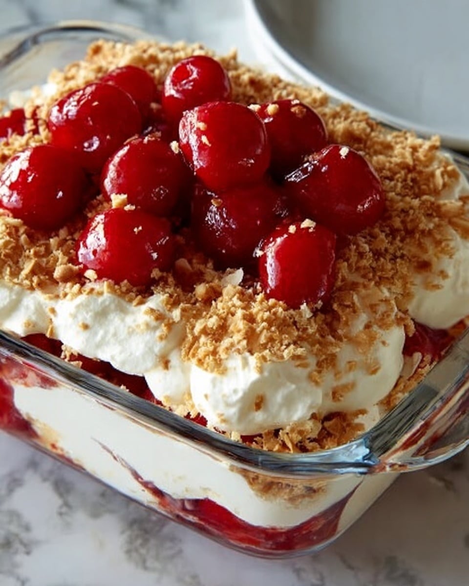 The image shows a clear glass dish filled with a layered dessert. The bottom layer is red and glossy with whole cherries in syrup. Above this is a thick white creamy layer spread evenly, topped with light brown crushed nuts scattered across it. Another white creamy layer follows, this one shaped in ridges, with more crushed nuts sprinkled on its edges. On top, bright red whole cherries covered in syrup are placed unevenly, providing a shiny and juicy look. The dish sits on a white marbled surface background. Photo taken with an iphone --ar 4:5 --v 7