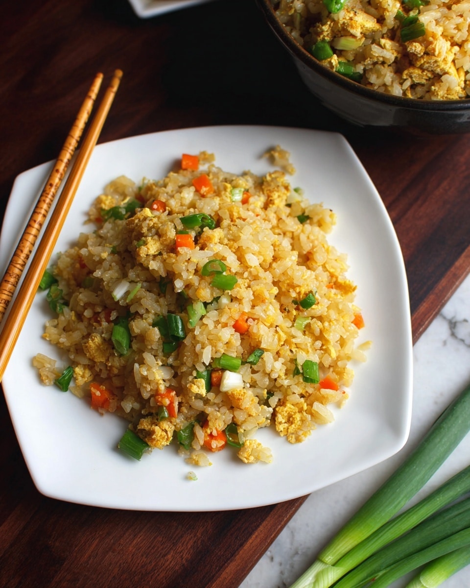 A close-up view of a serving of fried rice with finely chopped green onions and small orange carrot pieces mixed throughout, placed on a white square plate in the lower part of the image; a pair of light wooden chopsticks rest diagonally on the top edge of the plate. In the top left, a dark bowl filled with more fried rice sits partially visible. To the far right, fresh green onions lie on the dark wood surface. The background is a white marbled texture. photo taken with an iphone --ar 4:5 --v 7