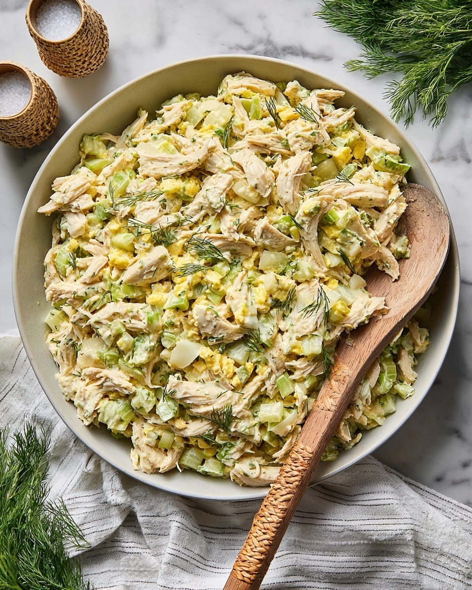 A large white bowl filled with a three-layer mix of shredded light beige chicken, pale yellow chopped boiled eggs, and chopped celery in light to medium green, all coated in creamy, slightly yellow mayonnaise with small green dill flakes scattered throughout; a wooden spoon with a woven handle rests in the bowl on the right side, partially submerged in the salad; the bowl sits on a white marbled surface with a white and light gray striped cloth beneath it and fresh green dill sprigs in the background, alongside two small woven holders containing salt and pepper shakers photo taken with an iphone --ar 4:5 --v 7