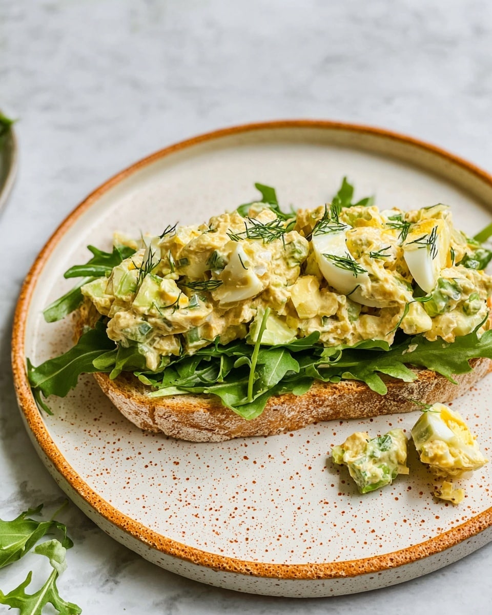 A white plate with orange speckled edges holds an open sandwich. The base is a slice of golden brown toasted bread. On top of the bread, there is a layer of fresh, bright green arugula leaves spread evenly. Above the arugula is a thick layer of chunky salad made with creamy dressing mixed with pale yellow pieces, light green celery, white diced boiled eggs, and small bits of herbs. A small piece of the salad has fallen on the plate near the sandwich. The plate sits on a white marbled surface. photo taken with an iphone --ar 4:5 --v 7