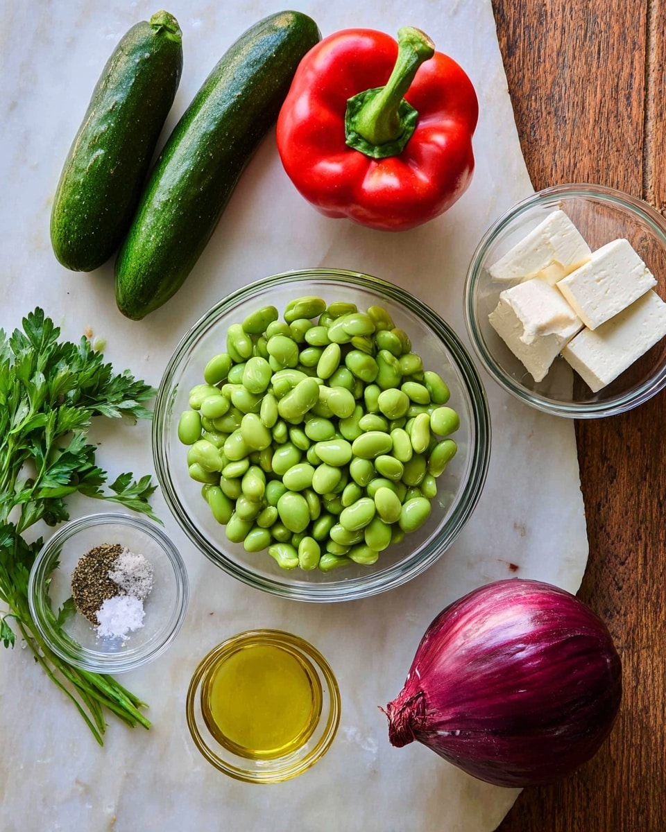 A top-down view of fresh ingredients arranged on a white marbled surface, centered with a clear glass bowl full of bright green shelled edamame. To the upper left, two small dark green cucumbers lay side by side, and directly above is a vibrant red bell pepper with a green stem. On the upper right side, there is a clear glass bowl holding two white triangular blocks of cheese. To the right side is a whole purple onion with shiny skin. At the bottom left are sprigs of fresh parsley next to a small clear bowl carrying black pepper and coarse salt. In the bottom center, a small glass bowl holds a light yellow liquid, and to its right, another glass bowl contains golden olive oil. The arrangement shows fresh, raw ingredients with clean, bright colors on a wooden floor background replaced by the white marbled surface. Photo taken with an iphone --ar 4:5 --v 7
