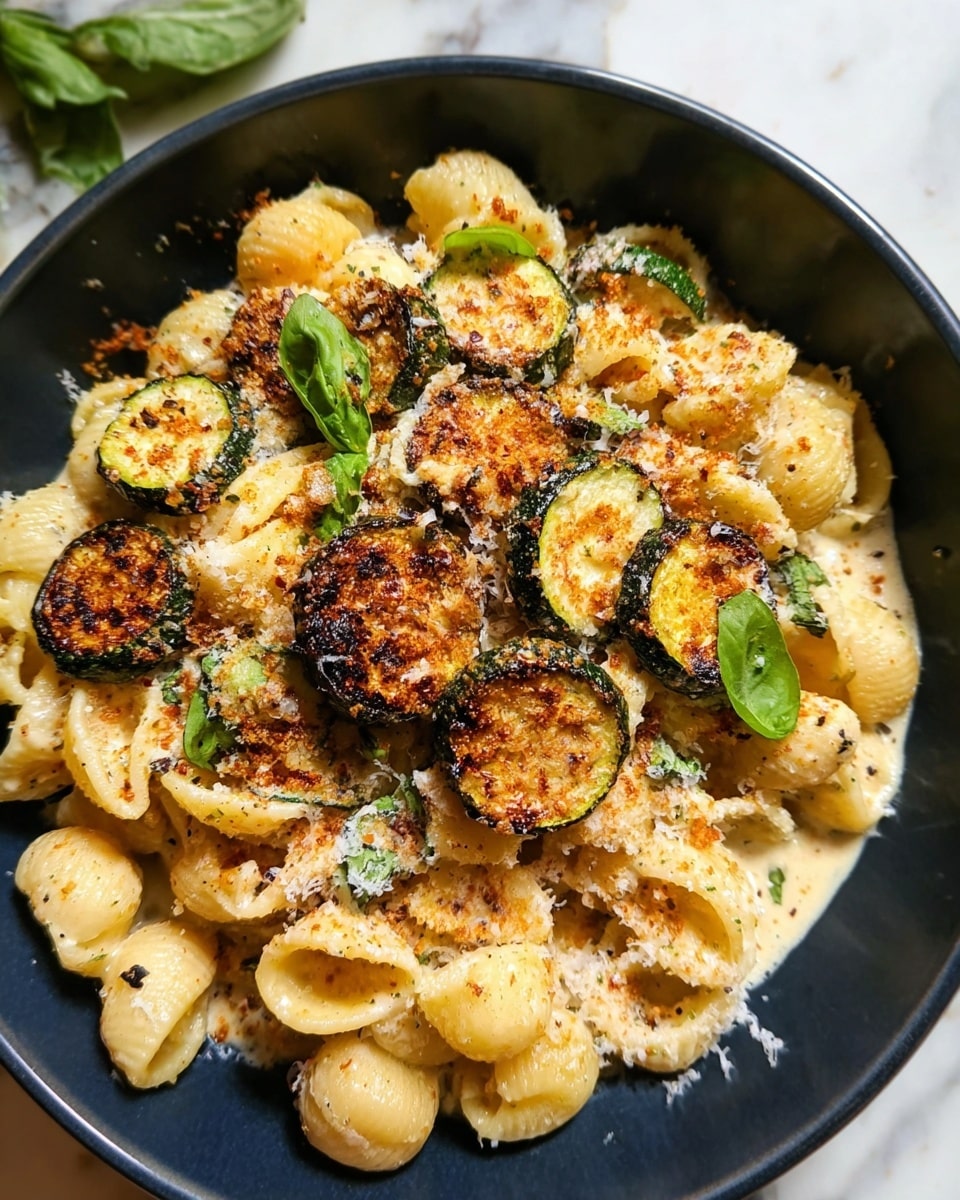 A blue bowl filled with pasta shells forms the base layer, coated in a creamy sauce. On top, a second layer of crispy, golden-brown roasted zucchini slices with charred edges is scattered evenly. Bright green basil leaves are sprinkled throughout as the third layer, adding fresh color. The fourth layer is a sprinkling of finely grated white cheese and orange crispy crumbs, covering the pasta and zucchini. The bowl is placed on a white marbled surface with a textured white bowl of orange crumbs and a bottle of olive oil blurred in the background. photo taken with an iphone --ar 4:5 --v 7