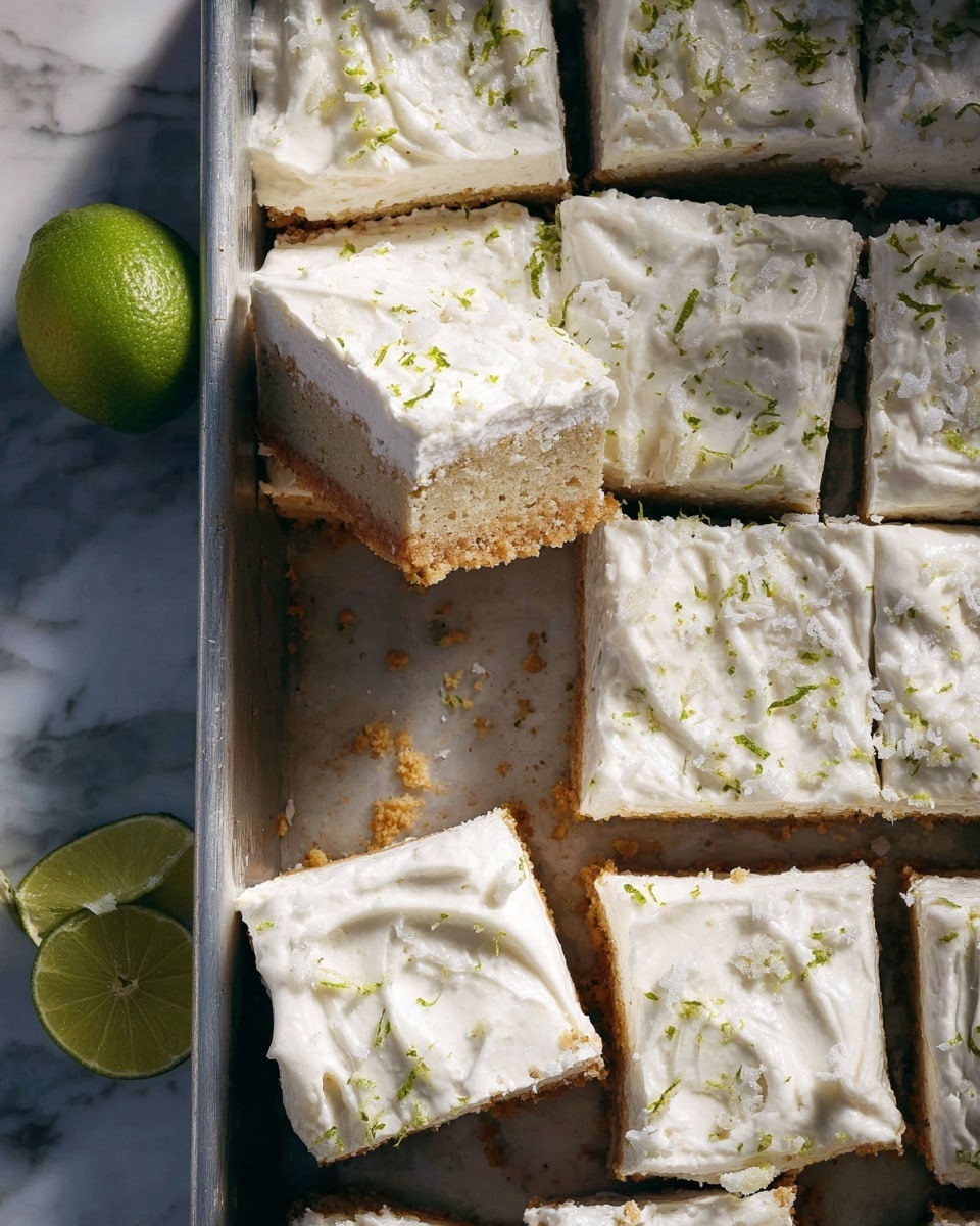 The image shows a metal baking tray filled with square dessert bars, partially sliced. Each bar has two main layers: a light golden-brown base with a crumbly texture and a thick white creamy topping that looks smooth with swirls. The tops are sprinkled with white flakes and small bits of green zest, adding a fresh look. One bar is lifted slightly from the tray, showing the side view of both layers. On the left side of the tray, there are halves of a green lime placed on a white marbled surface, adding a contrast with their fresh green color. Photo taken with an iphone --ar 4:5 --v 7