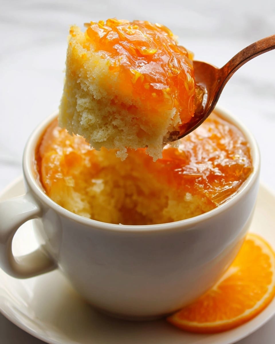 A white cup is filled with three visible layers: the bottom layer is light and fluffy pale yellow sponge cake, the middle layer is a shiny translucent orange jelly with small bits of orange peel, and the top layer is a glossy orange marmalade spread that glistens under light. A bronze spoon lifts up a scoop of the soft sponge cake soaked in the orange jelly, showing the moist texture. The cup sits on a white plate with a small thin slice of orange behind it, placed on a white marbled surface. Photo taken with an iphone --ar 4:5 --v 7