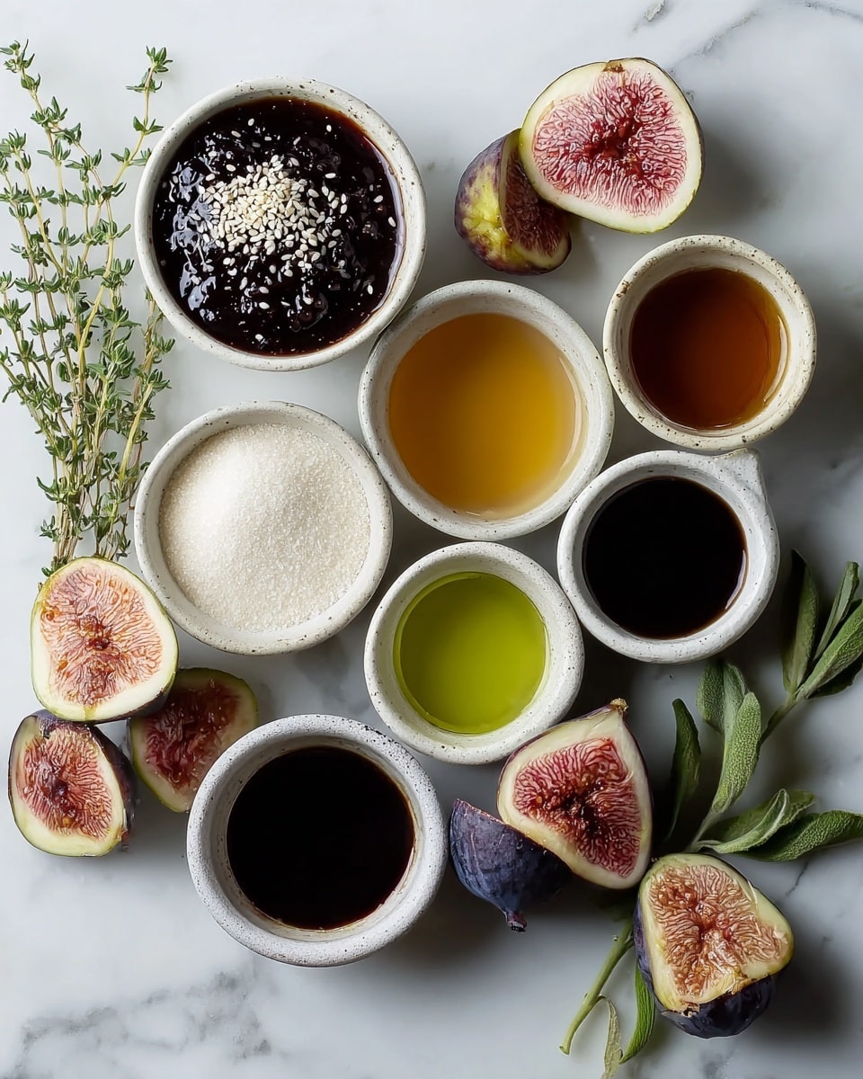A top-down view of eight small white ceramic bowls arranged closely on a white marbled surface, each holding different ingredients: one bowl filled with dark glossy jam sprinkled with white sesame seeds, another with a thick dark syrup, a bowl with golden honey, two bowls with white granulated sugar, one bowl with light green oil, one bowl with a dark soy-like liquid, and one bowl with a dark amber liquid. Next to the bowls are fresh figs, some whole and some cut open showing their deep red, seeded interior with a light green rind. Two sprigs of fresh green thyme rest near the figs and bowls, adding a natural touch to the layout. The scene is well lit, showing the textures and colors vividly, photo taken with an iphone --ar 4:5 --v 7