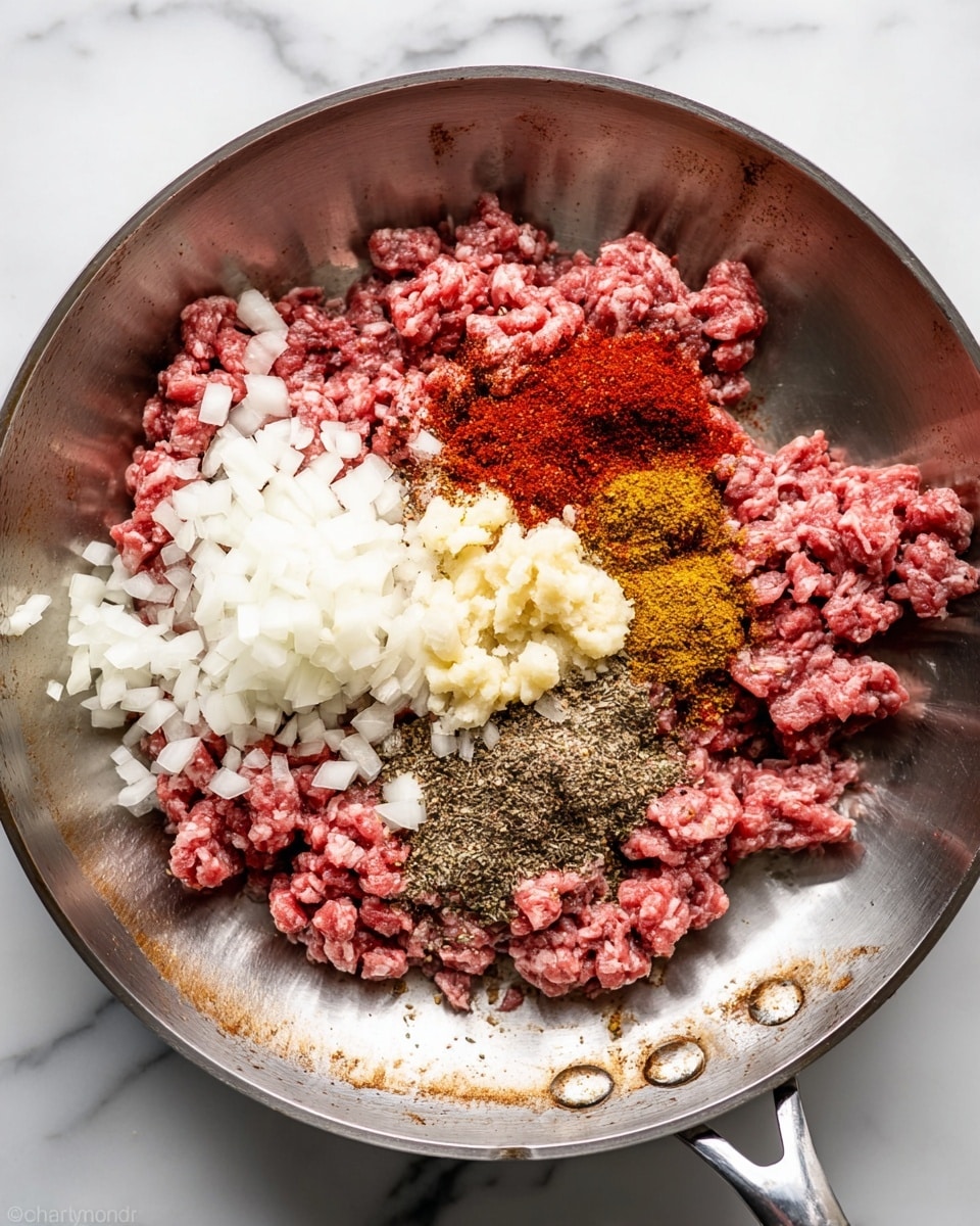 A close-up of a shiny silver pan on a white marbled surface with four main ingredients inside. The bottom left shows a thick layer of raw ground beef in pink and light brown shades. On top of the meat, near the bottom left center, is a pile of finely chopped white onion pieces. Below the onion toward the center is a smaller mound of minced light beige garlic. The top right corner of the pan holds a pile of several colorful spices, including bright red, yellowish-brown, and light brown powders scattered unevenly over the raw meat. The pan is slightly worn with some cooked brown bits visible near the edges. photo taken with an iphone --ar 4:5 --v 7