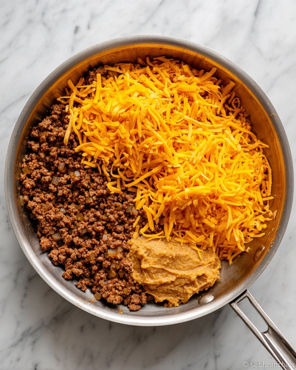A stainless steel frying pan filled with three layers: the bottom layer is cooked brown ground meat mixed with small bits of onion, the middle layer is a smooth, light brown refried bean mash placed on one side, and the top layer is a thick heap of shredded bright orange cheddar cheese covering part of the meat and beans. The pan rests on a white marbled surface. photo taken with an iphone --ar 4:5 --v 7