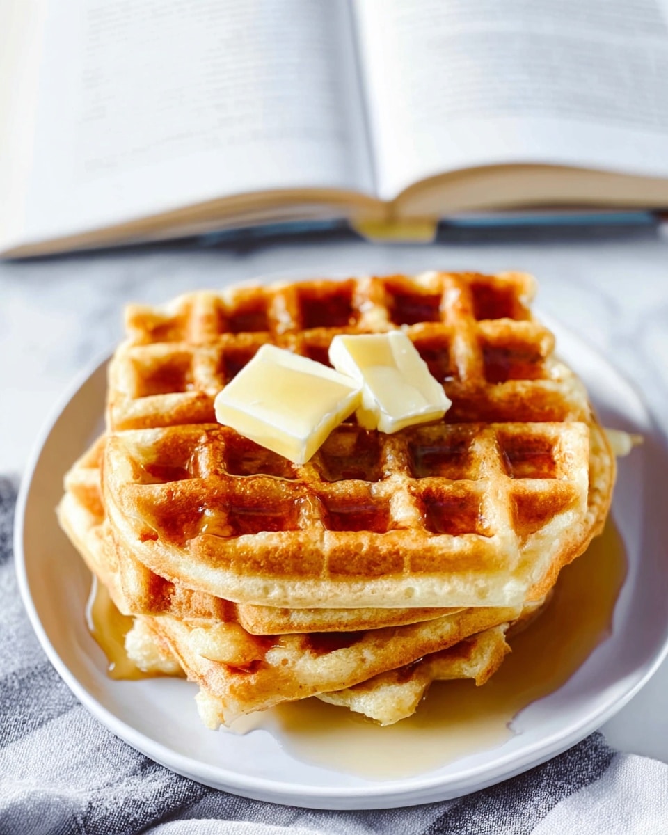 A stack of three golden brown waffles sits in the center of a white plate on a white marbled surface. Each waffle shows a grid pattern with square pockets, crisp edges, and light, fluffy texture inside. Two small square pats of melting butter rest on top of the upper waffle, with glistening syrup drizzled over and pooling slightly in the waffle pockets, giving a shiny finish. In the background, a blurred open cookbook is visible. photo taken with an iphone --ar 4:5 --v 7