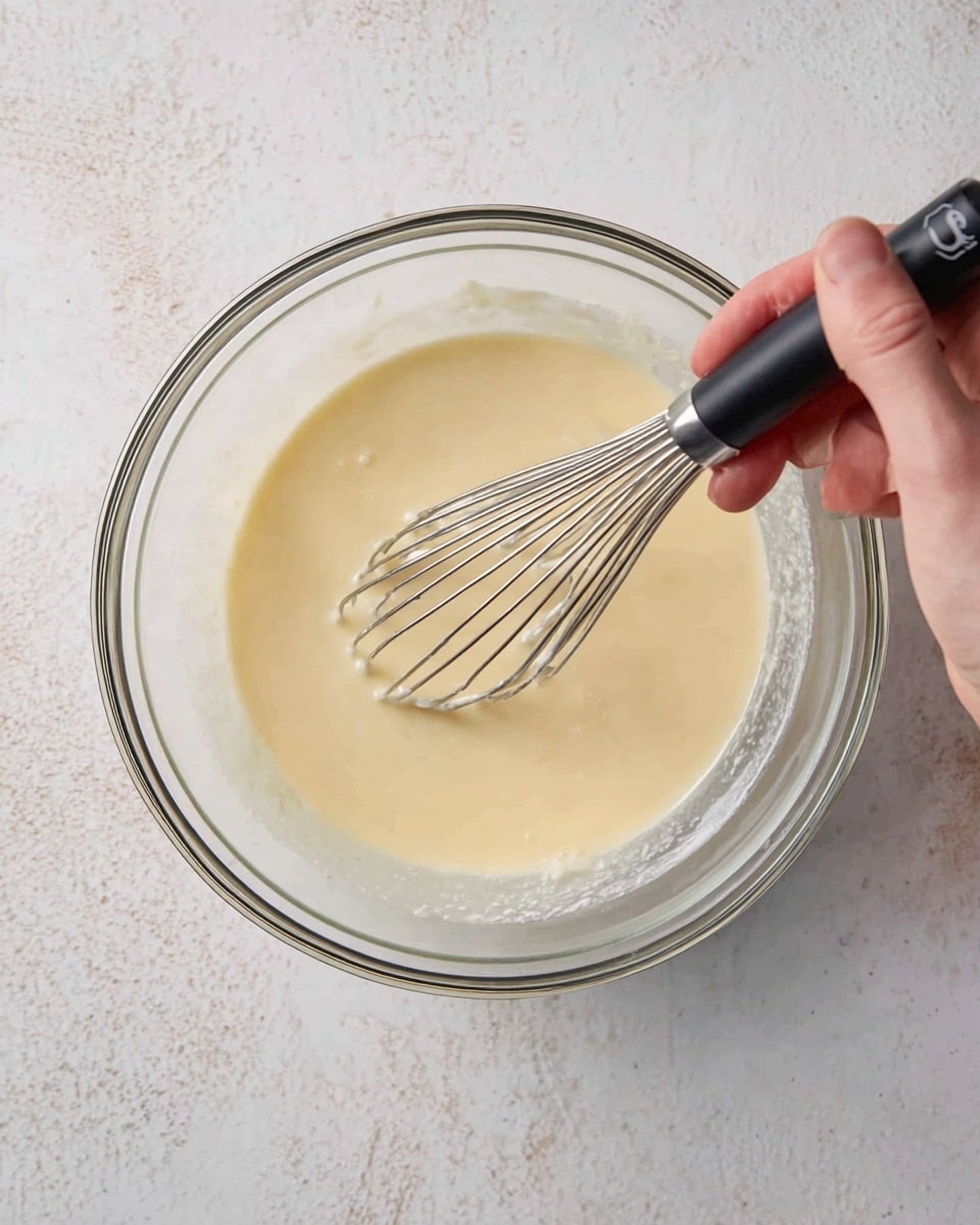 A clear glass bowl on a white marbled texture holds a pale yellow creamy mixture that is being whisked. The mixture looks smooth and liquid, filling about half the bowl. A woman's hand grips a metal whisk with a black handle, stirring the mixture gently from the right side of the bowl. The overall scene is simple and clean, focusing on the mixing process. photo taken with an iphone --ar 4:5 --v 7