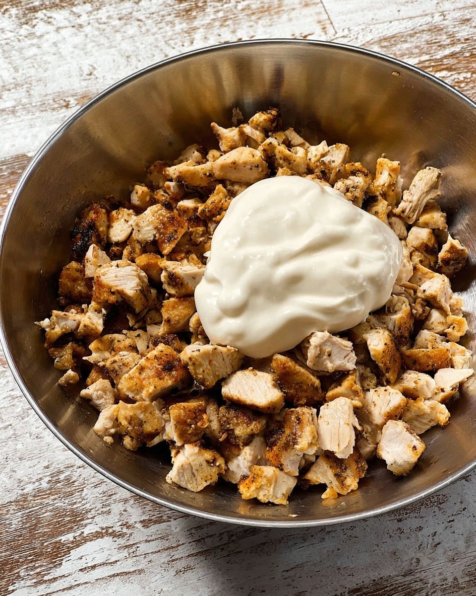A large silver mixing bowl filled with two main layers: the bottom layer is made of small, grilled chopped chicken pieces with brown and light beige colors; the top layer is a smooth dollop of white creamy sauce placed slightly off-center on top of the chicken; the bowl sits on a surface with a white marbled texture, showing a rustic wooden table edge in the background. photo taken with an iphone --ar 4:5 --v 7