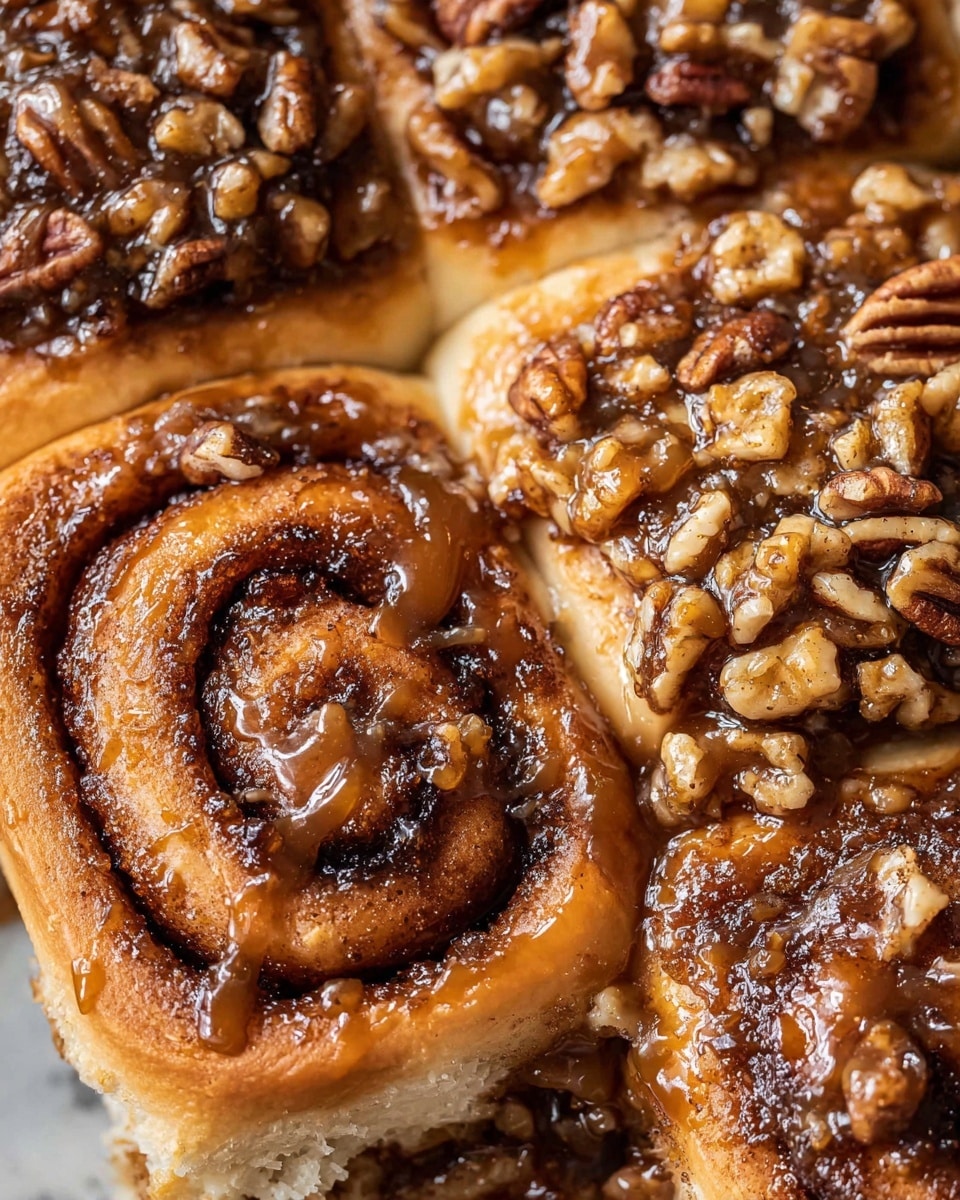 A close-up image of sticky cinnamon rolls covered with a thick layer of brown caramel sauce and chopped pecans. The rolls are light golden brown with a visible dark brown cinnamon swirl in the soft dough. The top layer shows shiny syrup coating the nuts and dough, creating a glossy texture. The rolls are placed closely together on a white marbled surface, showing a mix of smooth dough, sticky sauce, and crunchy nut pieces. Photo taken with an iphone --ar 4:5 --v 7