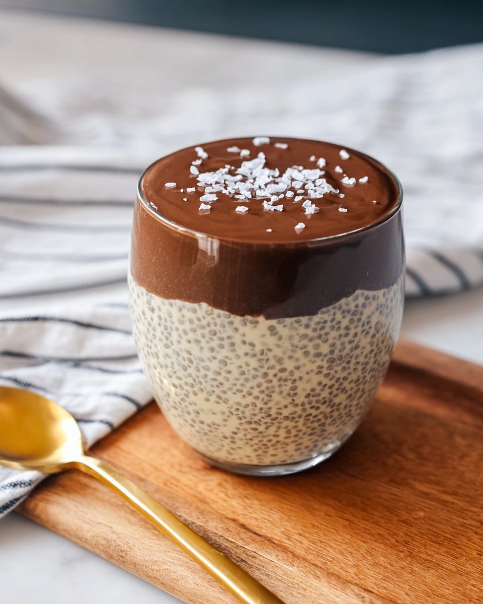 A clear glass filled with two layers of dessert sits on a wooden board with a white marbled texture underneath. The bottom layer is a creamy beige chia pudding, speckled with tiny chia seeds, showing a soft and slightly lumpy texture. On top is a smooth, thick dark brown chocolate layer that covers the chia pudding evenly, sprinkled with a few grains of coarse white salt. A gold spoon lies next to the glass, and there is a white cloth with thin gray stripes blurred in the background. Photo taken with an iphone --ar 4:5 --v 7