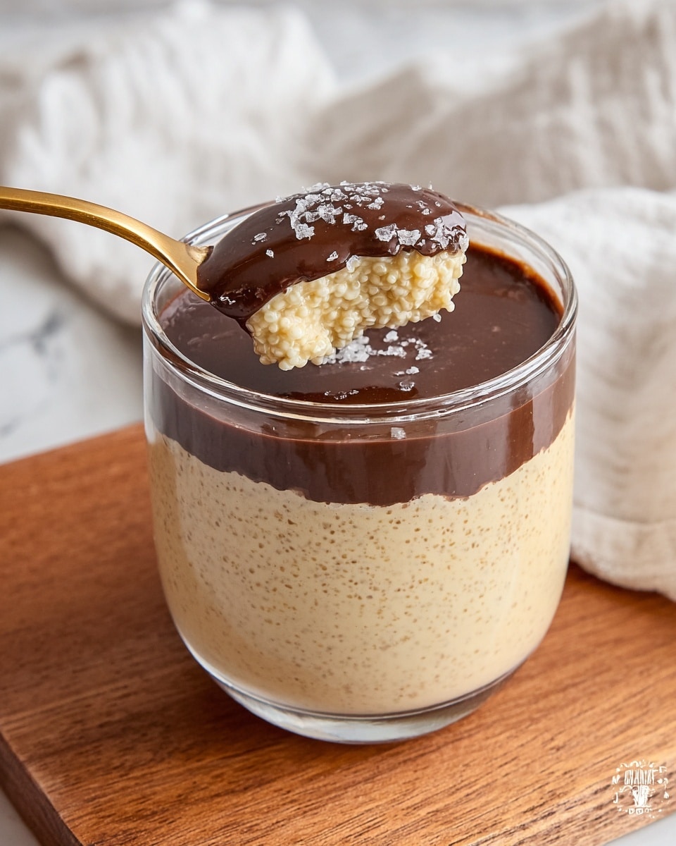 A clear glass filled with three layers, the bottom two-thirds consist of a creamy beige pudding with tiny visible grains, topped with a smooth, thick layer of dark chocolate that has a slight shine and some flaky salt on top. A gold spoon is lifting a portion from the chocolate top layer, revealing the creamy layer beneath. The glass is placed on a wooden surface with a white marbled texture in the background and a white cloth behind it. Photo taken with an iphone --ar 4:5 --v 7