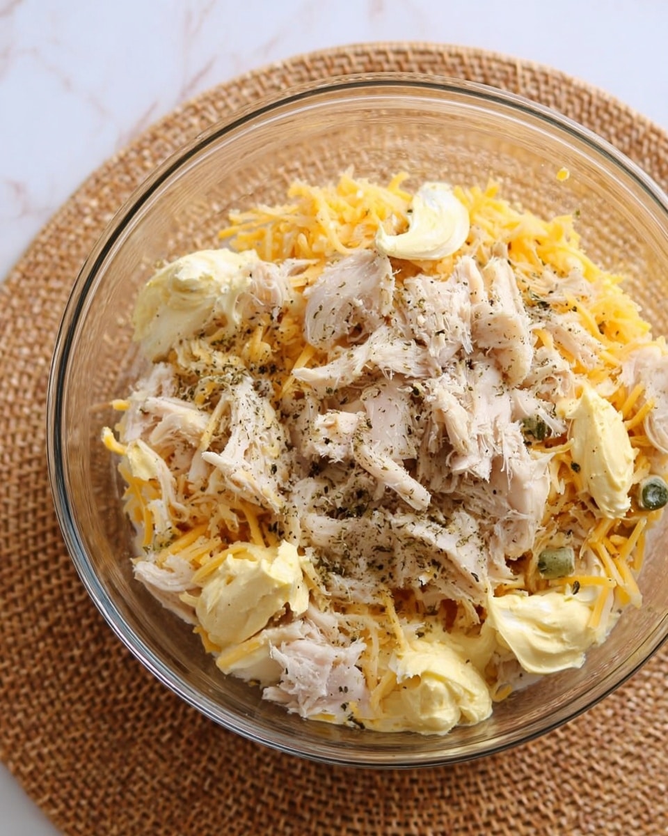 A clear glass bowl is shown from above, filled with several layers of ingredients. The bottom layer looks like shredded yellow cheese mixed with small green pieces, possibly herbs or chopped vegetables. On top of that, there is a generous layer of shredded light-colored meat, sprinkled with ground black pepper. There are dollops of pale yellow mayonnaise spread over the meat. The bowl sits on a light brown woven mat, and the surface underneath is a white marbled texture. photo taken with an iphone --ar 4:5 --v 7