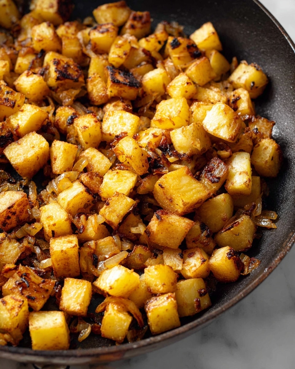 The image shows a close-up of many small, golden-brown cubes of cooked potatoes with some darker charred spots, mixed with small pieces of cooked onions that have a slightly translucent, soft texture. The potatoes and onions have a crisp look on the outside and are piled together in a black pan with a rough texture and three holes on the handle. The surface under the pan is a white marbled texture. The lighting highlights the warm, cooked colors of the potatoes and onions, making them look crispy and savory. photo taken with an iphone --ar 4:5 --v 7