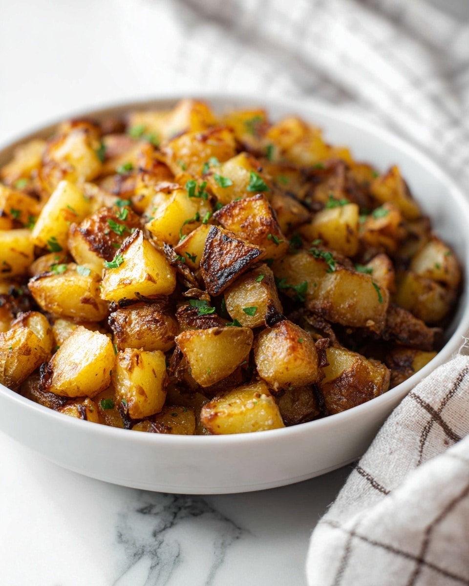 A white bowl filled with small, evenly chopped roasted potatoes that are golden brown with some darker crispy edges, giving a textured and slightly charred look. The potatoes have some green bits of chopped fresh herbs scattered on top, adding a pop of color. The bowl is placed on a white marbled surface with a soft focus background showing a light-colored checkered cloth. The image is close-up, focusing on the crispy and well-cooked potatoes. photo taken with an iphone --ar 4:5 --v 7