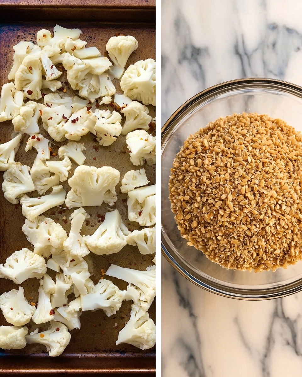 The image shows two parts: on the left, many pieces of raw white cauliflower spread out evenly on a dark brown baking tray, some pieces showing slight touches of red flakes. On the right, a clear glass bowl is filled with golden-brown grains, placed on a white marbled surface. Photo taken with an iphone --ar 4:5 --v 7
