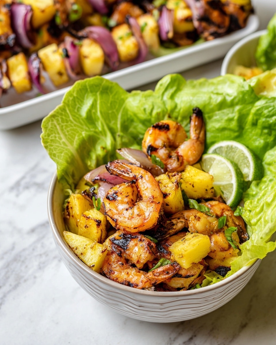 A white bowl sits on a white marbled surface, filled with a mix of grilled shrimp, yellow grilled pineapple chunks, and purple-red grilled onion pieces, showing slight char marks. There are two lime wedges placed on the shrimp near the top of the bowl. Large, fresh green lettuce leaves surround the outside of the bowl, adding a vibrant green contrast to the warm colors inside. In the background, a white rectangular dish with more shrimp, pineapple, and onion skewers is slightly out of focus, enhancing the main bowl. Photo taken with an iphone --ar 4:5 --v 7