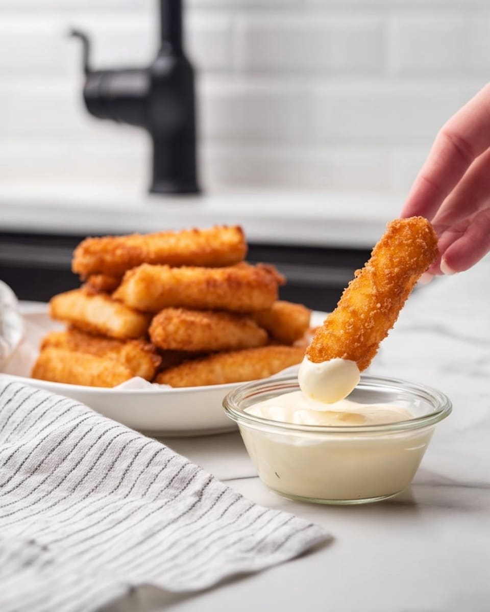 A woman's hand is dipping a golden, crispy fried stick into a small clear glass bowl filled with creamy white sauce. Behind it, there is a white plate holding more of these golden fried sticks stacked together. The scene is set on a white marbled surface with a soft, blurred kitchen background featuring a black faucet and a white and gray striped cloth. The fried sticks have a rough, crunchy texture with a warm brown color. photo taken with an iphone --ar 4:5 --v 7