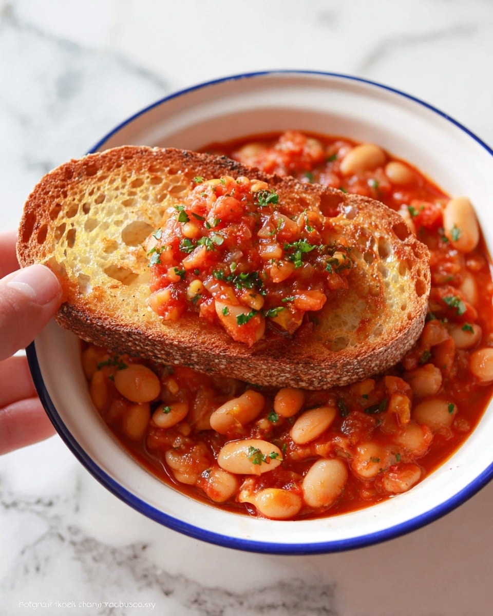 A white bowl with a blue rim holds a rich red tomato-based stew filled with small white beans and chopped vegetables. A toasted slice of bread, golden brown with a rough texture, rests on the bowl’s edge, topped with a generous scoop of the chunky stew made of red sauce, white beans, and bits of green herbs. A woman's thumb and fingers gently hold the bread, lifting it slightly above the stew. The background is a white marbled texture. Photo taken with an iphone --ar 4:5 --v 7