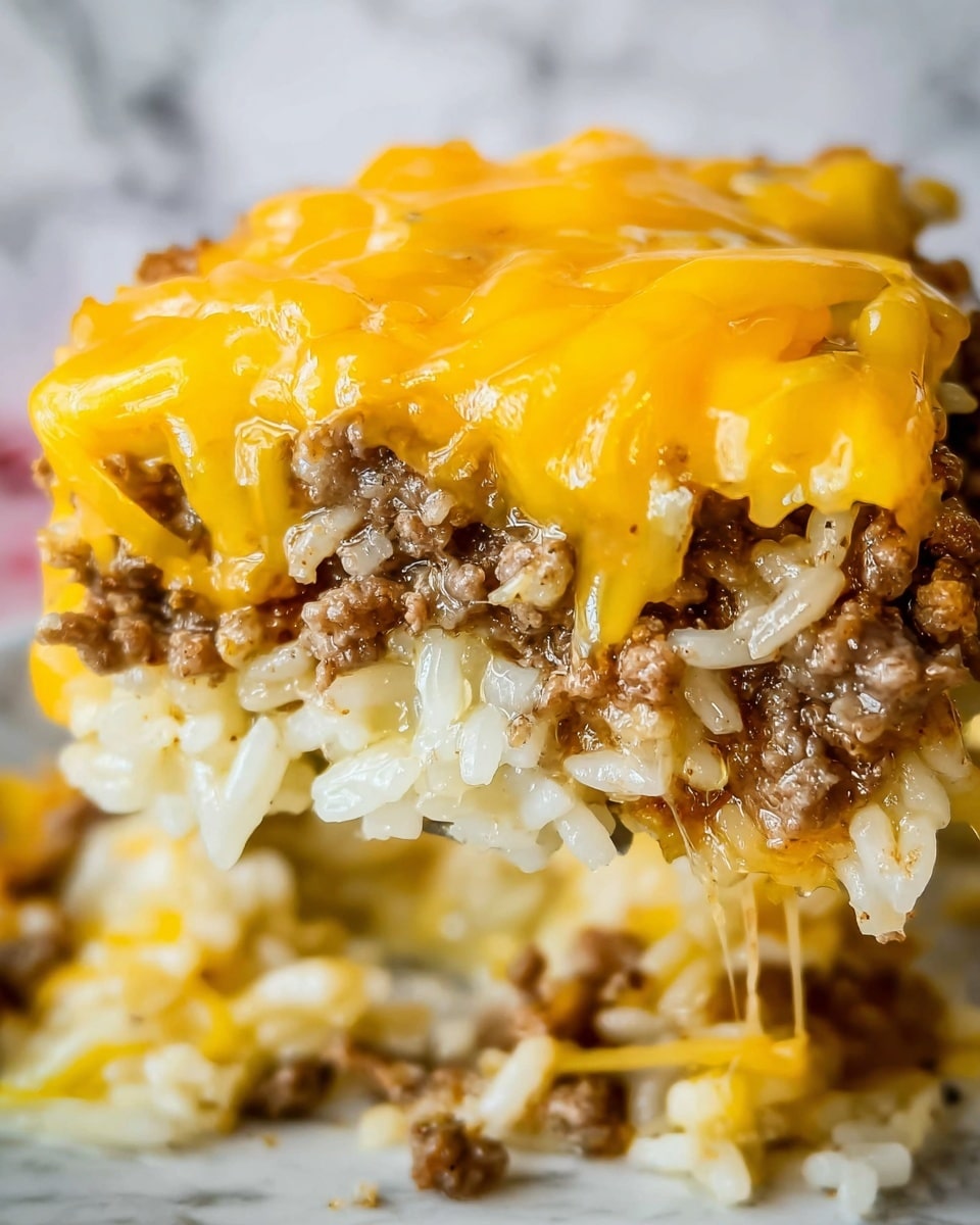 The image shows a close-up of a plate holding a layered dish with three main layers. The bottom layer is made of small pieces of browned ground meat in dark brown color. Above it is the middle layer consisting of small chopped white potato pieces with a soft texture. The top layer is melted bright yellow cheese spread unevenly over the dish. A silver fork is lifting a portion of the dish, showing all three layers together. In the background, green broccoli florets can be seen, slightly out of focus. The dish is served on a white plate with a simple border, placed on a white marbled surface. Photo taken with an iphone --ar 4:5 --v 7