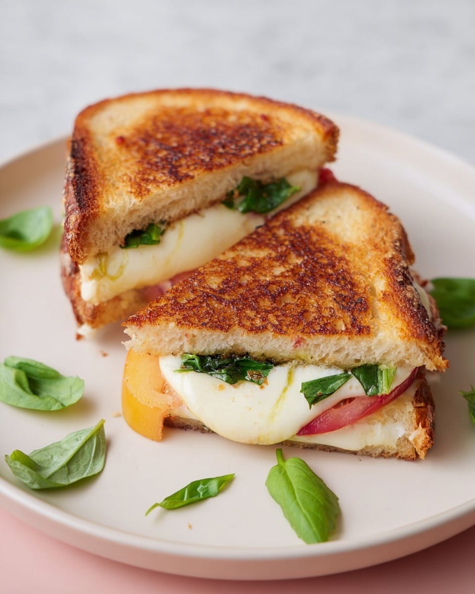 The image shows a grilled sandwich cut into two triangular halves placed on a white plate. Each sandwich half has two layers of golden brown toasted bread with a slightly crispy texture. Inside, there is a layer of melted white cheese that oozes slightly, a layer of fresh green basil leaves, and slices of red tomato. Some basil leaves are scattered on the plate around the sandwich. The plate rests on a white marbled surface. photo taken with an iphone --ar 4:5 --v 7