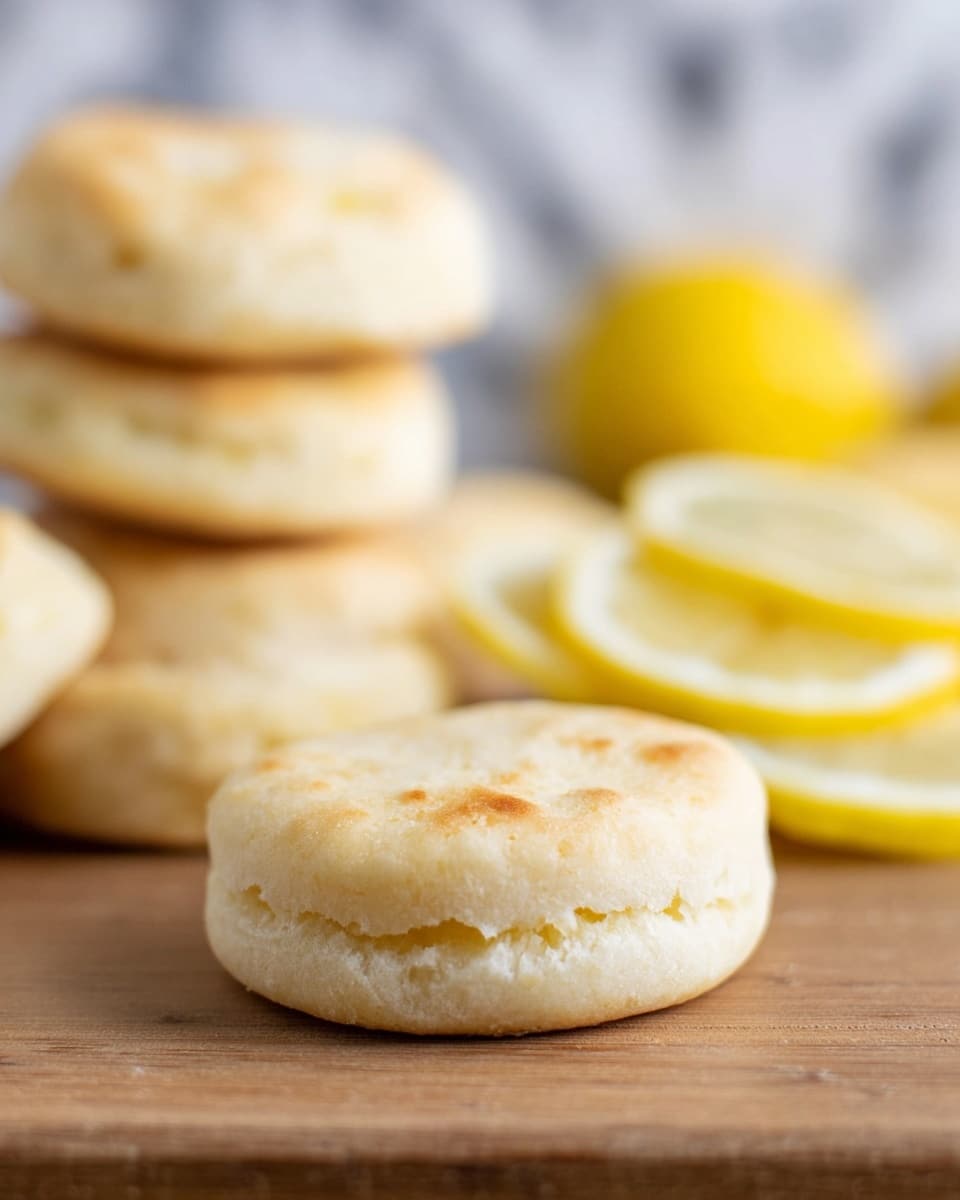 There is a close-up of a small, round biscuit with a pale golden top and a soft, light beige bottom layer, showing a fluffy texture. Behind it, there is a stack of similar biscuits, slightly blurred but showing the same layered texture with a light golden hue on top. To the right side of the image, there are several lemon slices arranged closely together, showing their bright yellow rind and pale yellow inside. Everything rests on a wooden surface, with a white marbled background softly out of focus. photo taken with an iphone --ar 4:5 --v 7