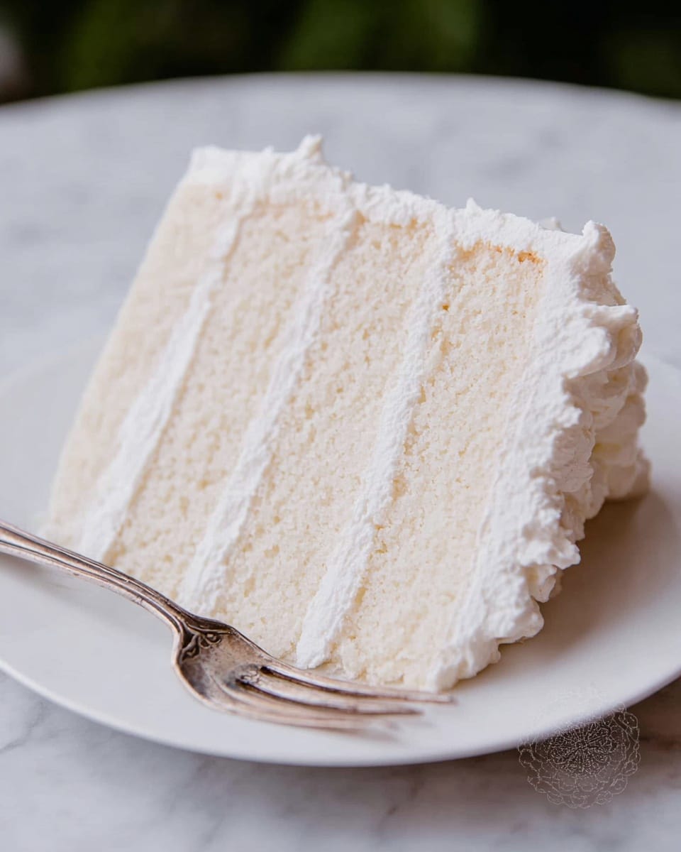 A white plate holds a slice of white cake with three thick layers of soft, light sponge separated by two smooth white cream layers. The cake is covered in a thick layer of white whipped cream frosting with a slightly textured top edge. A silver fork rests in front of the cake on the plate, all set on a white marbled surface. photo taken with an iphone --ar 4:5 --v 7