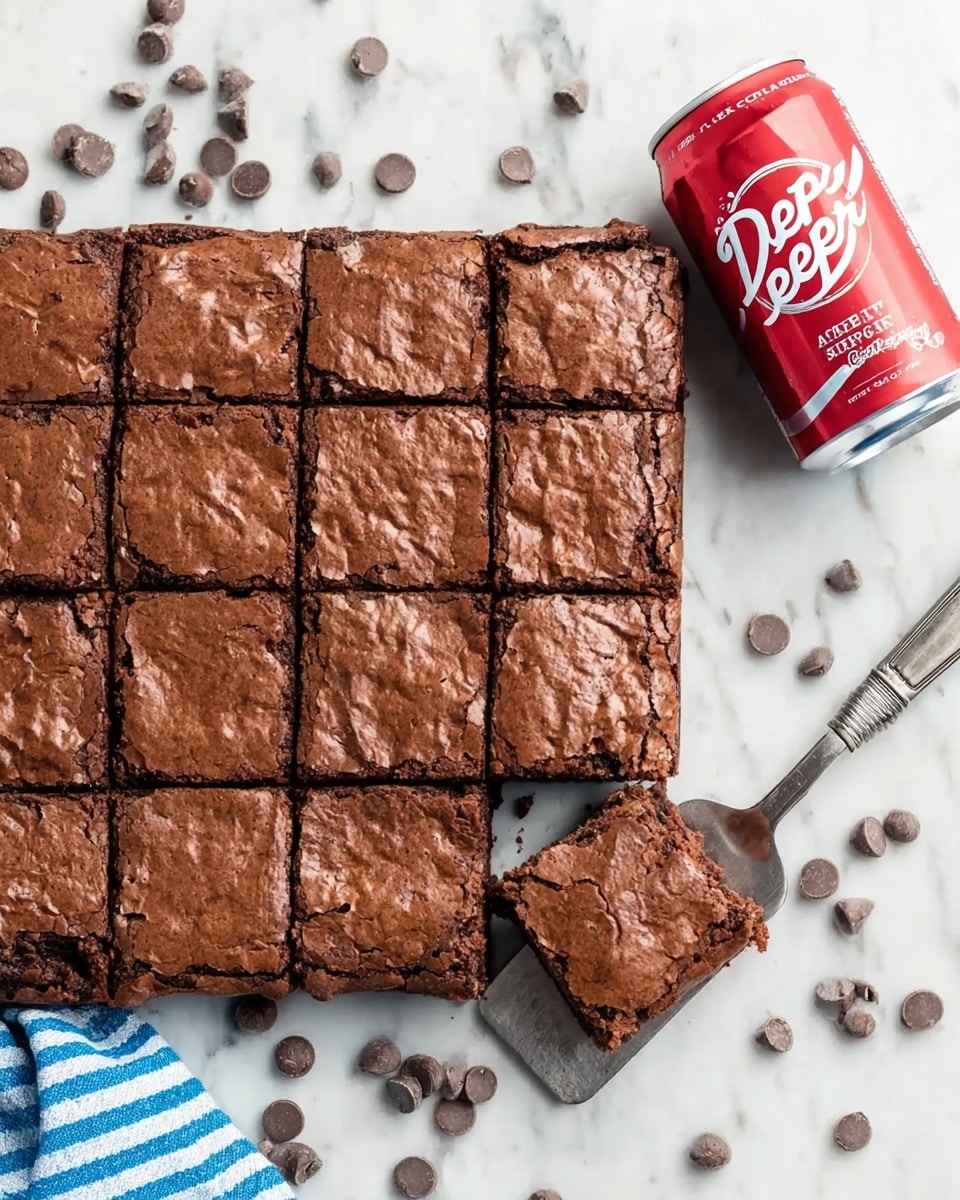 A large square of dark brown brownies with a cracked top is sliced into 12 squares, with one square being lifted on a metal spatula. The brownies have a slightly shiny and textured surface. Around the brownies, there are scattered dark chocolate chips and a red can of Dr Pepper soda lying on a white marbled surface. A blue and white striped cloth is partially visible near the bottom left corner. The photo is bright and clear, taken from a top view. photo taken with an iphone --ar 4:5 --v 7