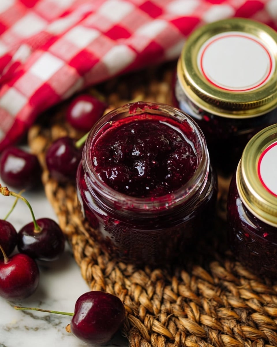 A close-up of an open jar filled with deep red cherry jam showing a thick, shiny texture, positioned on a woven brown mat. Surrounding the jar are two sealed jars with golden lids, and a third lid placed upside down with a white inside and red seal. To the left, three dark red cherries with stems rest on a red and white checkered cloth. The background has a white marbled texture photo taken with an iphone --ar 4:5 --v 7