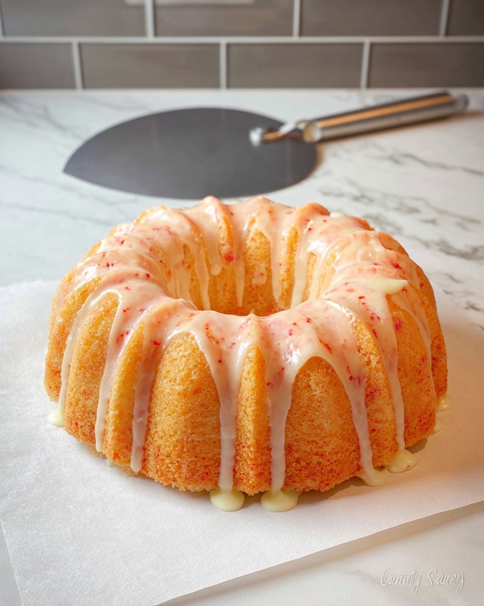A round bundt cake sits on white parchment paper over a white marbled surface. The cake has about 20 tall, evenly spaced ridges around its circumference, with a hollow center. Its color is a warm light orange with small red specks throughout. A creamy white glaze drips down the ridges in an irregular pattern, pooling slightly at the base. The background shows a gray tiled wall and a circular metal pizza peel with a gray handle resting on the surface. Photo taken with an iphone --ar 4:5 --v 7