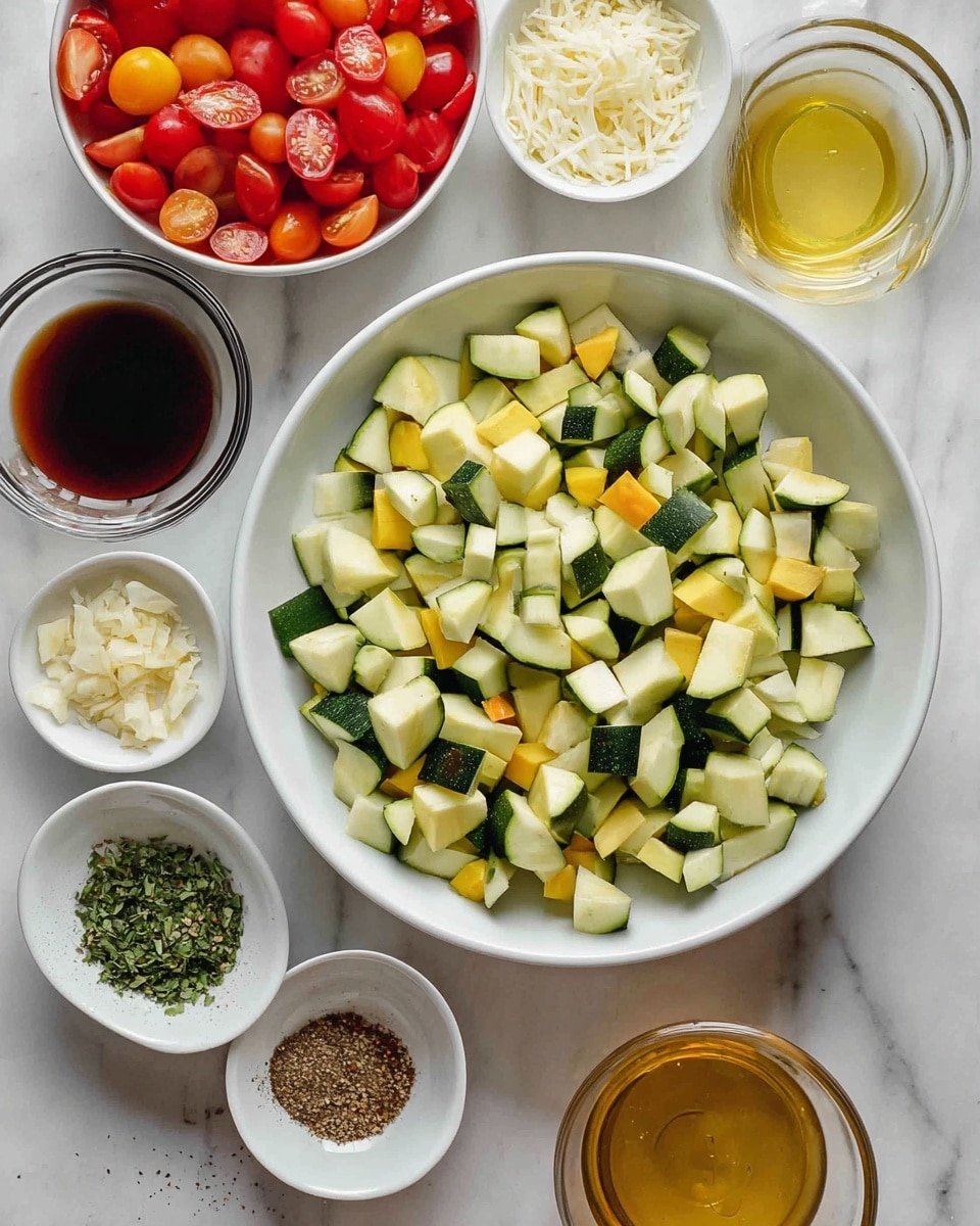 A top-down view of a white plate filled with chopped green and yellow zucchini pieces forming the main layer in the center. Surrounding the plate, smaller white bowls hold different ingredients: one with red, orange, and yellow small oval tomatoes; another with off-white shredded flakes; a third with finely chopped light beige garlic; a glass bowl with dark brown liquid; a glass bowl with a light golden liquid; and two small white bowls with mixed dried spices and chopped green herbs, all placed on a white marbled surface. photo taken with an iphone --ar 4:5 --v 7