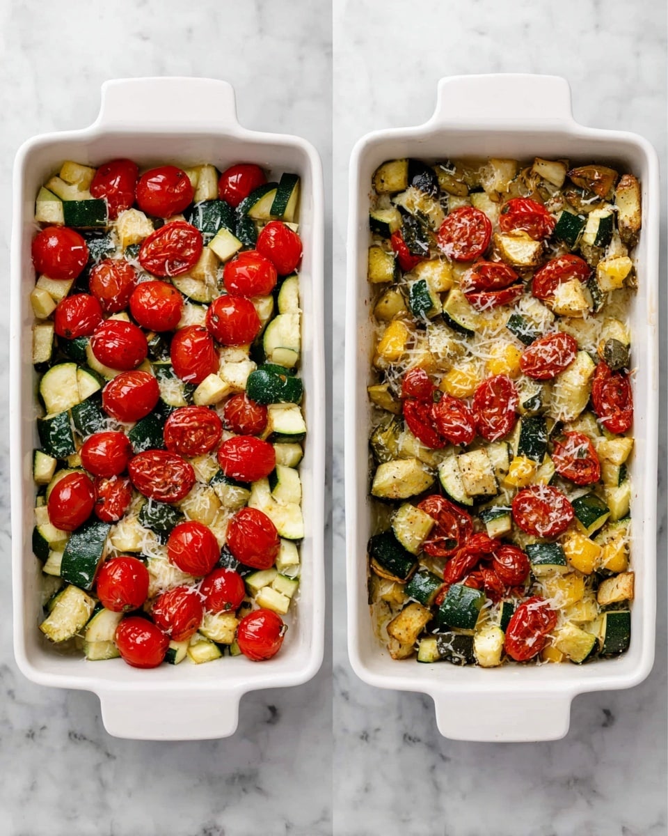 Two white square baking dishes sit side by side on a white marbled surface. The left dish holds a mix of fresh vegetables, including bright red cherry tomatoes scattered on top, chopped green zucchini with white flesh, and small chunks of yellow squash. The vegetables are sprinkled with light-colored grated cheese, creating a textured layer on top. The right dish shows the same mix after baking; the cherry tomatoes now have a slightly wriveled, roasted look with deeper red tones, while the zucchini and squash pieces are browned and cooked, showing charred edges and a softer texture. The cheese is melted and lightly browned, blending into the cooked vegetables. photo taken with an iphone --ar 4:5 --v 7
