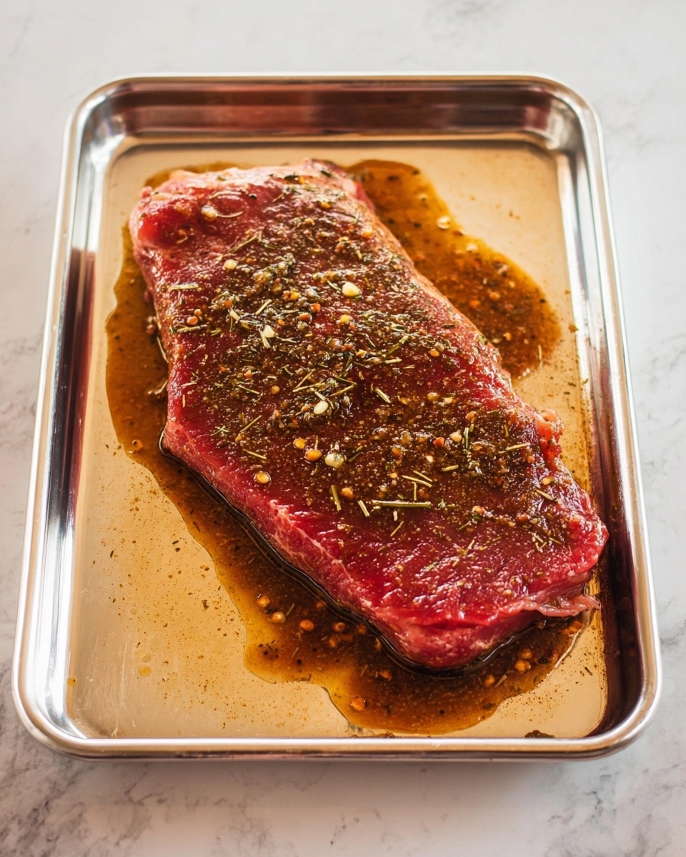 A single thick, red piece of raw steak sits on a shiny metal tray, covered generously with a dark brown marinade that has visible herbs and small bits of seasoning. The marinade pools slightly around the steak's edges, giving it a glossy look. The metal tray contrasts with the rich, deep colors of the meat and marinade, all placed on a white marbled surface. photo taken with an iphone --ar 4:5 --v 7