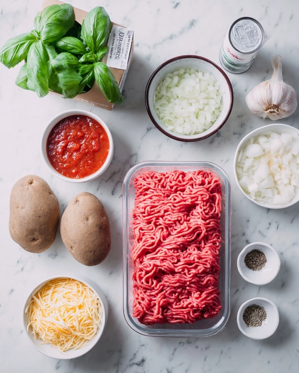 The image shows raw ingredients neatly arranged on a white marbled surface. At the center right, there is a clear plastic tray filled with bright pink ground meat with smooth, wavy texture layers. Next to it on the left are two brown potatoes with a rough skin surface. Above the potatoes, a small white bowl with a dark rim is filled with finely chopped white onions. To the bottom right of the onions, there is a small white bowl holding a red tomato sauce with visible chunks and a slightly thick, liquid texture layer. To the lower left, a small white bowl with a dark rim contains finely shredded mixed yellow and white cheese, showing thin, soft, curly layers. Nearby, a clear small dish holds a whole white garlic bulb and a couple of peeled white garlic cloves with smooth layers. Above the meat, a closed white can with label is placed, and at the top left corner, fresh bright green basil leaves are packed in a brown paper bag. Finally, a small white bowl at the bottom right contains a layer of mixed black pepper and salt. The photo taken with an iphone --ar 4:5 --v 7