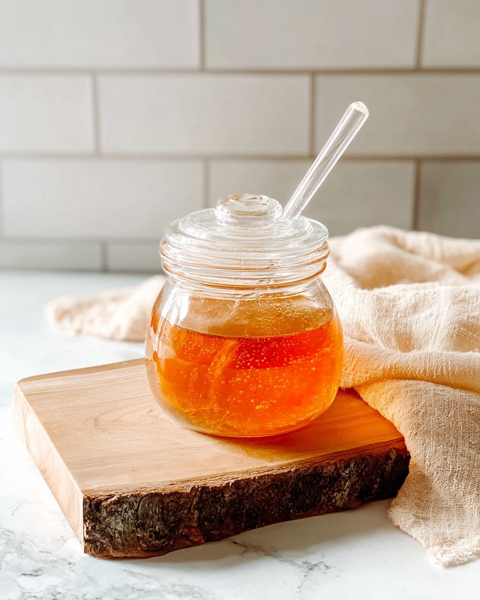 A clear glass jar with a rounded lid and a glass stirring stick is half filled with golden honey, showing a smooth and shiny texture with small bubbles inside. The jar sits on a natural wooden board with visible bark on the edge, and a soft, cream-colored cloth is draped in the background. The setting has a clean white marbled surface and a white tiled wall behind with visible grout lines. Photo taken with an iphone --ar 4:5 --v 7