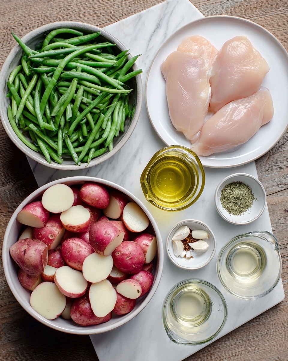 The image shows three white bowls arranged on a white marbled surface. One bowl holds fresh green beans with a smooth, firm texture, placed at the top center. Below it, a second bowl contains many quartered small red potatoes, showing a contrast of red skin and creamy white inside. To the left, there is a white plate with three raw chicken breasts, smooth and pale pink. On the right side, several small white dishes hold various spices and minced garlic, along with two glass measuring cups – one with a clear liquid and the other with a golden oil, both shiny and reflective. The overall layout is neat and colorful with natural textures visible photo taken with an iphone --ar 4:5 --v 7