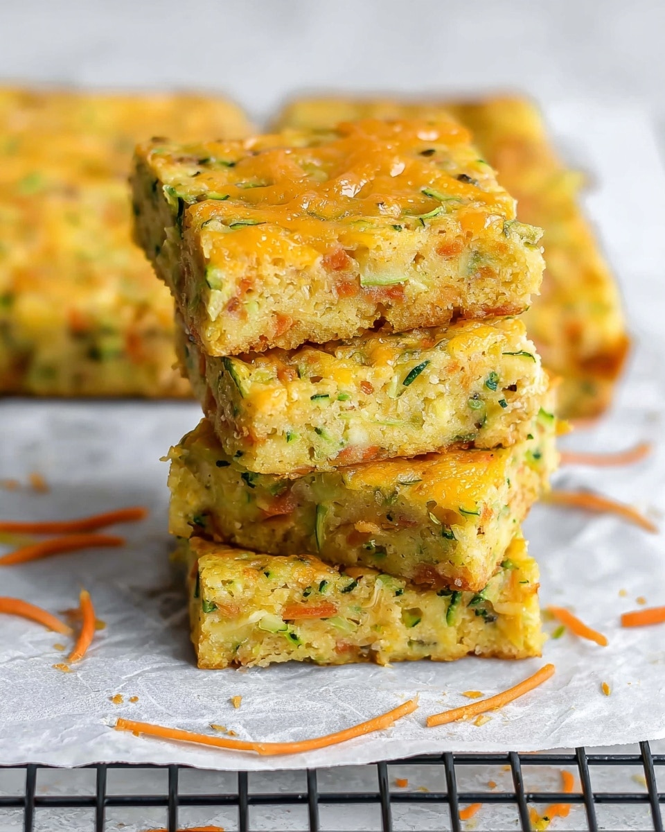 A stack of four square vegetable bars with a golden-yellow color and specks of green zucchini and orange carrot shreds mixed inside; the top bar shows a light drizzle of melted orange cheese on its slightly textured surface, while a few thin carrot strands are scattered around on a white marbled surface with a black cooling rack partially visible below. photo taken with an iphone --ar 4:5 --v 7