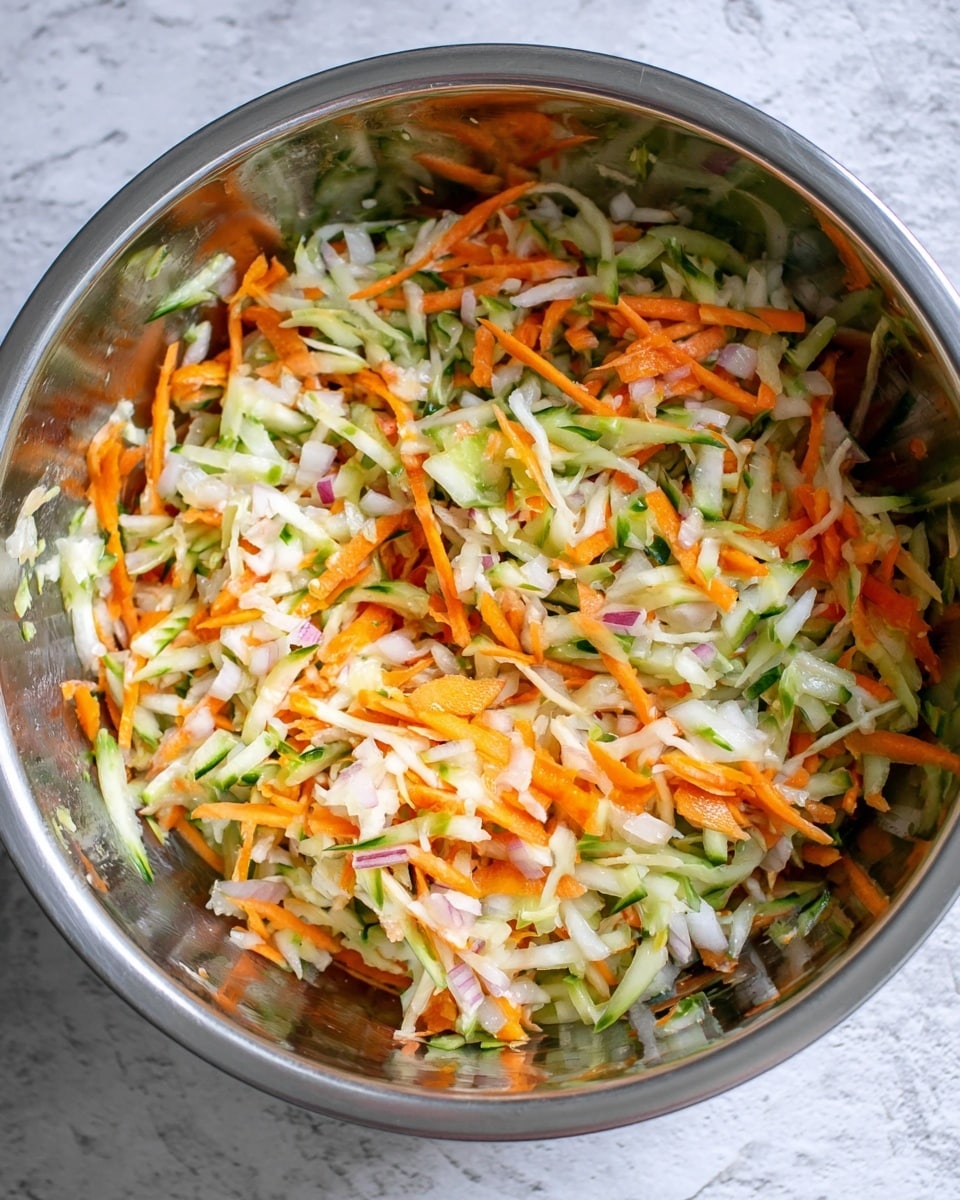 A large metal bowl filled with a fresh mix of shredded vegetables including bright orange carrot strips, light green cucumber pieces, and small white onion chunks, all mixed together creating a colorful and textured salad. The shredded vegetables are thin and irregularly shaped, spread evenly inside the bowl, which sits on a white marbled surface. Photo taken with an iphone --ar 4:5 --v 7