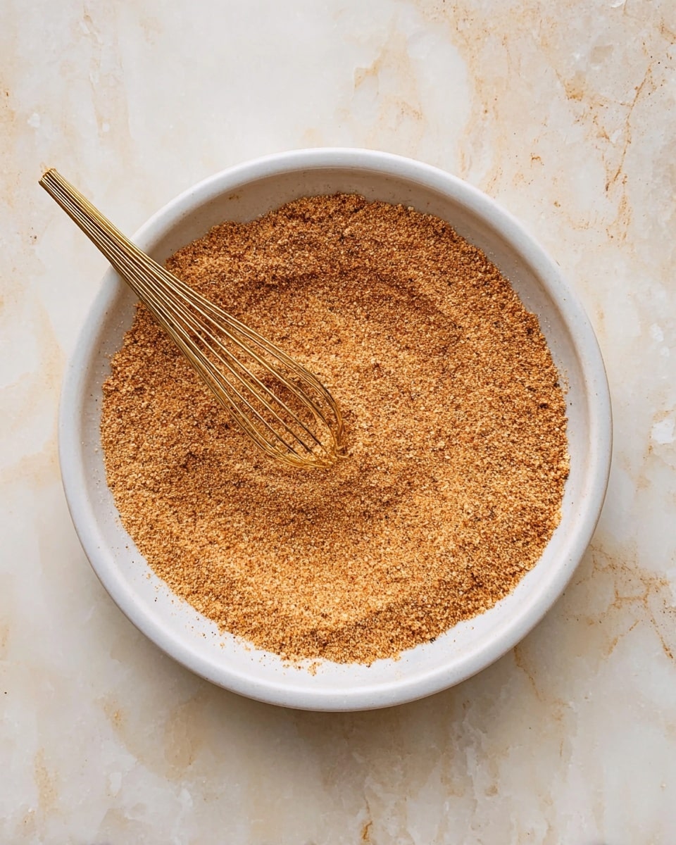 A white bowl filled with a mix of ground spices in shades of brown and tan, showing a fine, sandy texture with small clumps throughout. A small, golden whisk rests on the left side of the bowl, slightly sinking into the spice mix, creating soft circular patterns in the center. The bowl sits on a white marbled surface with subtle gray veins. photo taken with an iphone --ar 4:5 --v 7