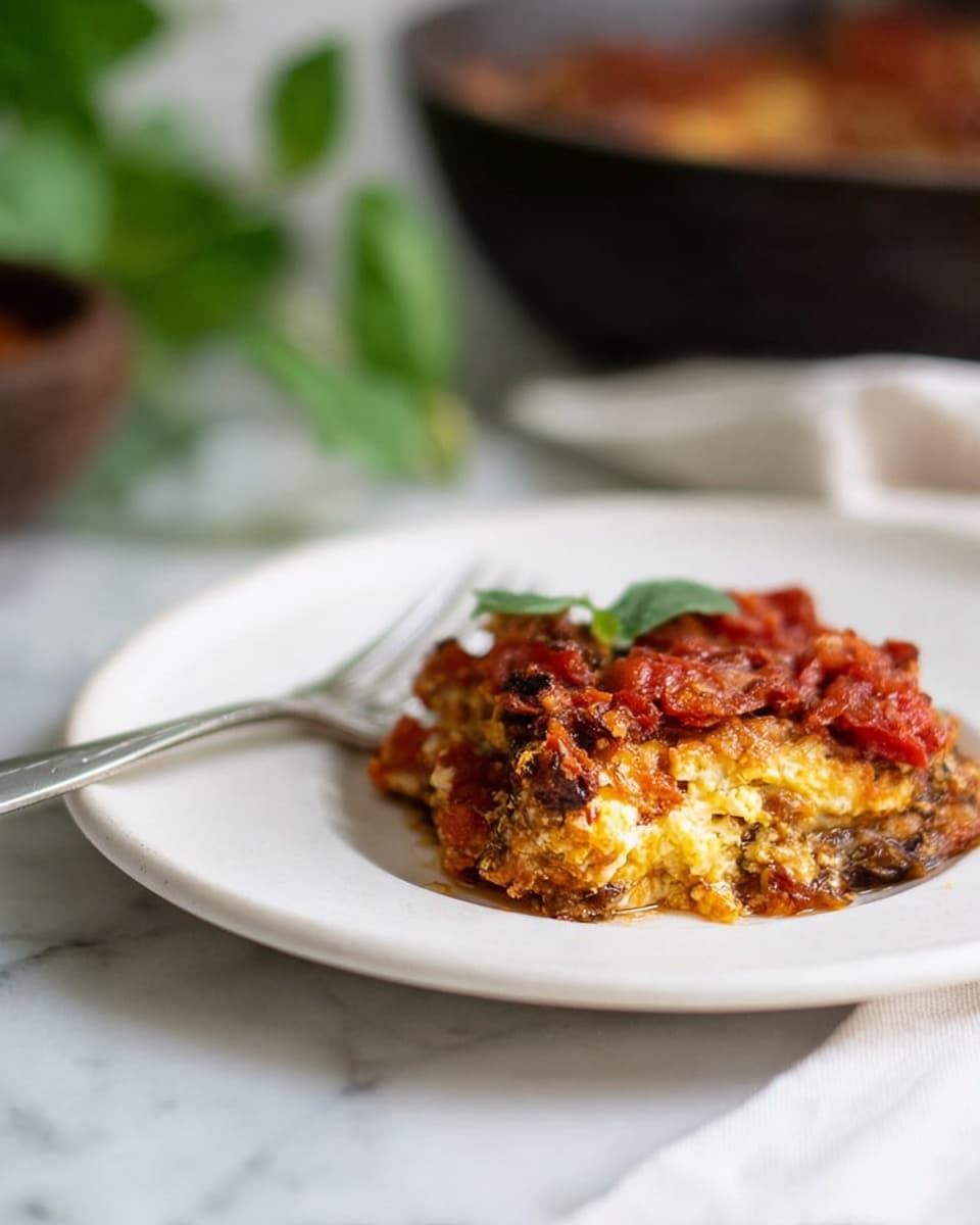 A white plate holds a serving of a baked dish with three visible layers: a bottom layer with brown and slightly crispy texture, a middle layer with yellowish, soft, and creamy texture mixed with small bits of darker ingredients, and a top layer covered with chunky red tomato sauce pieces and browned bits, giving a rich and hearty look. The plate rests on a white marbled surface, and a silver fork is placed to the plate’s left side with a blurred background showing green leaves and a dark bowl. Photo taken with an iphone --ar 4:5 --v 7