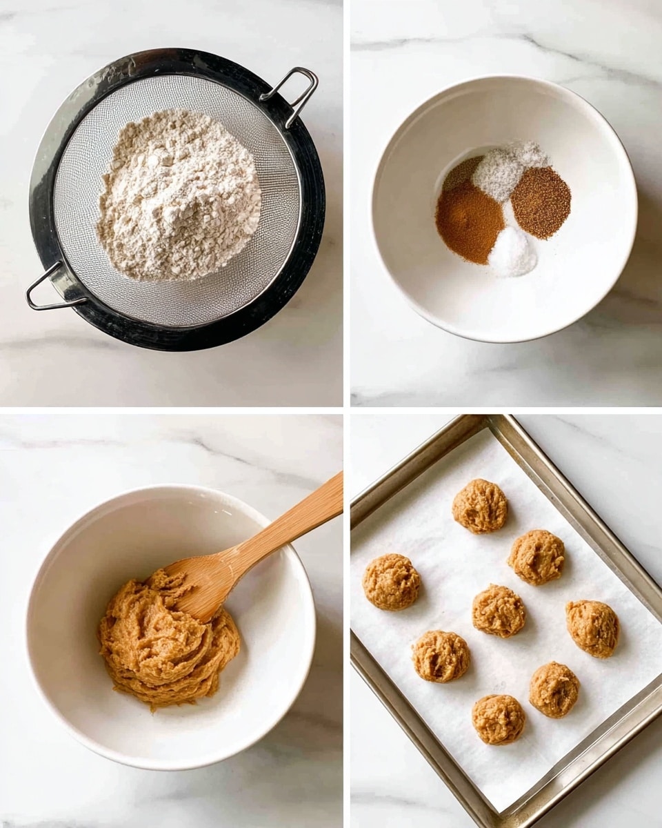 The image shows four steps of making cookie dough arranged in a grid of four photos on a white marbled surface. The first photo shows a pile of dry flour mixture with small white clumps sitting in a round black mesh sieve over a white bowl. The second photo shows the dry ingredients mixed in a white bowl with separate small piles of dark brown spices and white baking powder on top. The third photo shows the dough forming in a white bowl as a wooden spatula stirs a soft, thick, light brown batter with a smooth texture. The last photo shows eight small mounds of cookie dough, with a slightly bumpy texture, placed spaced out on white baking paper on a metal cookie tray. photo taken with an iphone --ar 4:5 --v 7
